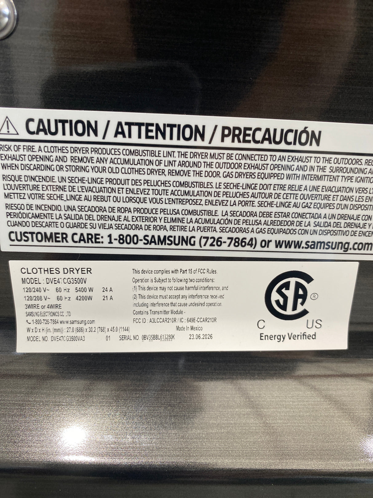 T11ID05 Samsung 7.4 cu ft Smart Electric Dryer DVE47CG3500VA3 – T11ID05