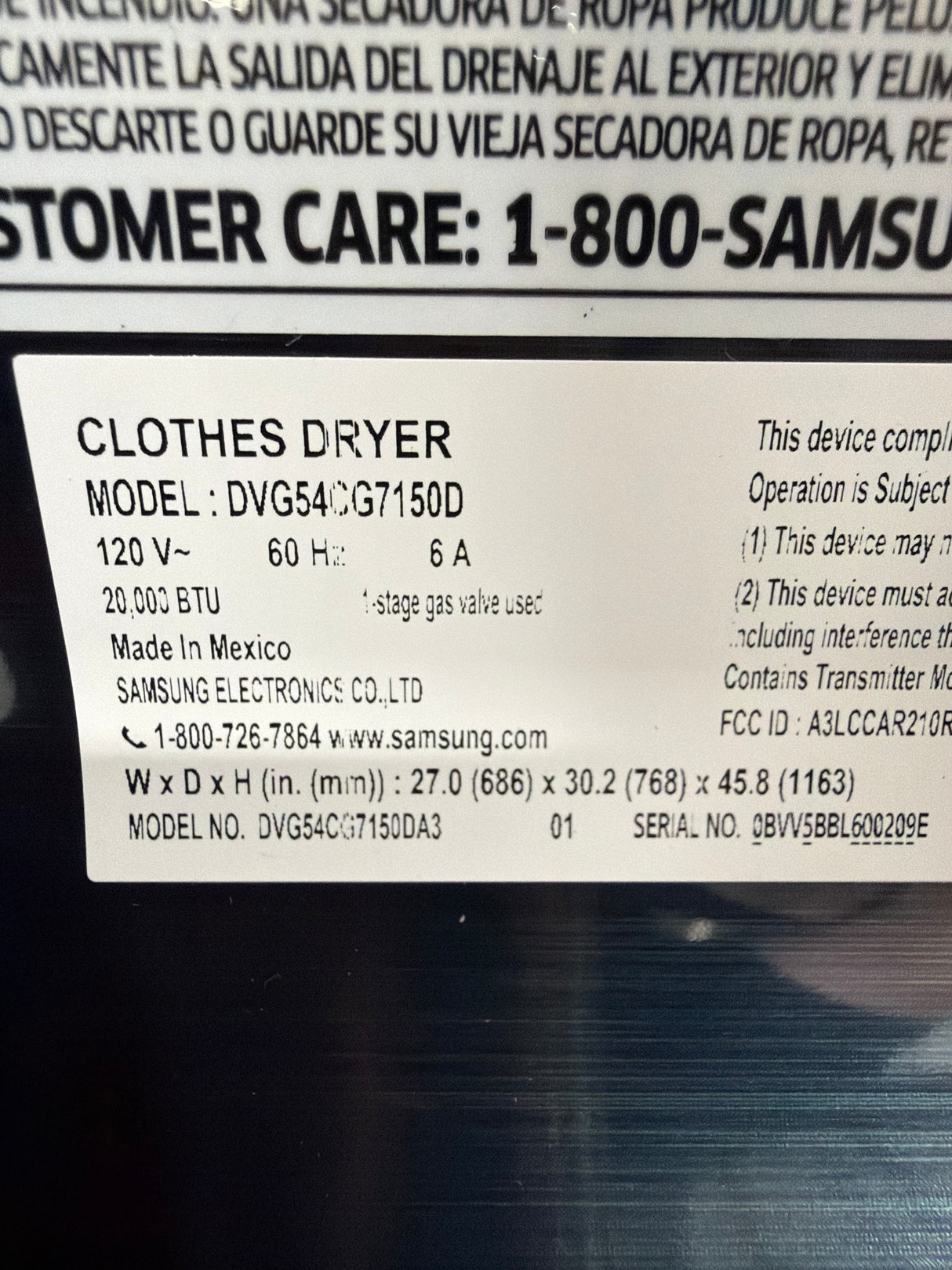 T12ID38 - Samsung DVG54CG7150DA3 7.4 cu. ft. Gas Dryer
