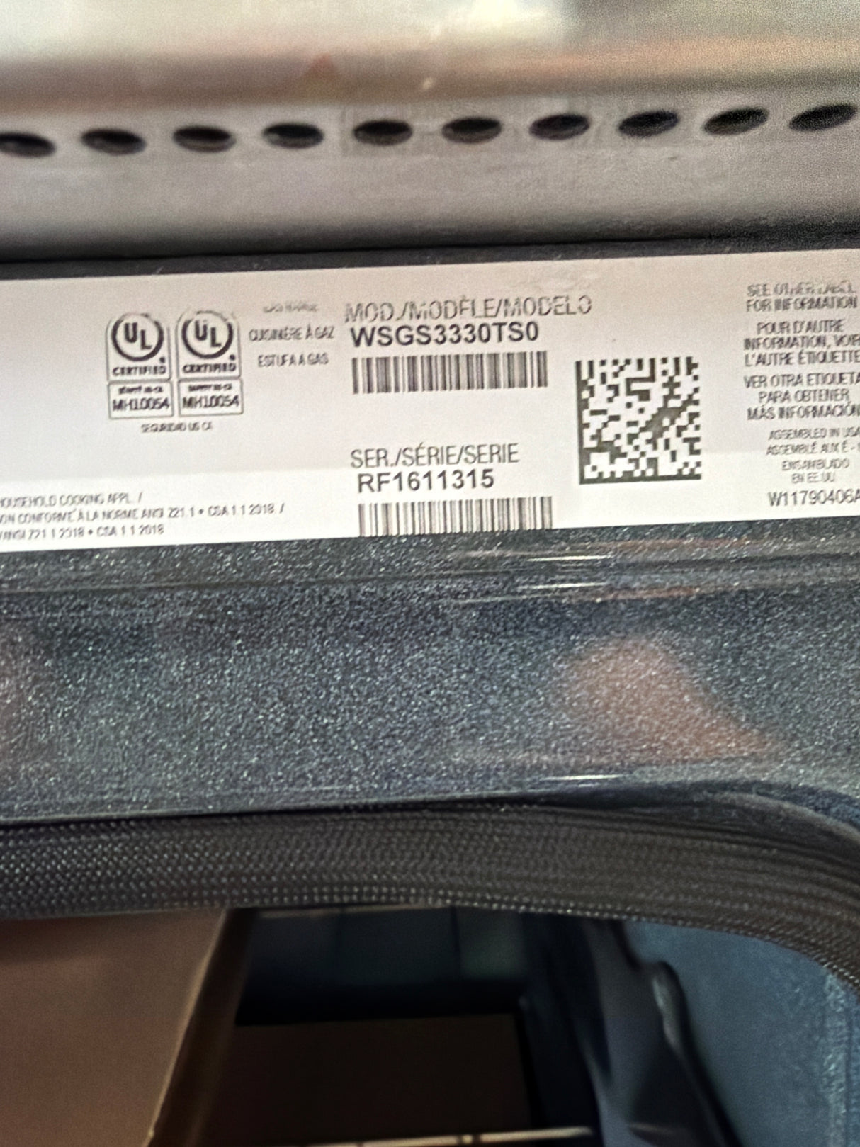 T10ID47 – WSGS3330TS Slide-In Gas Range – Whirlpool