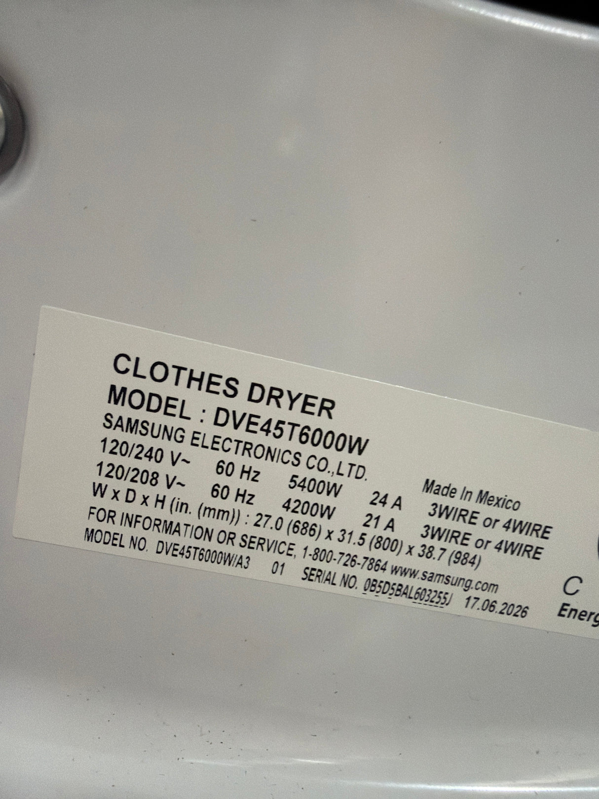 T12ID41 - Samsung DVE45T6000W/A3 7.5 cu. ft. Electric Dryer