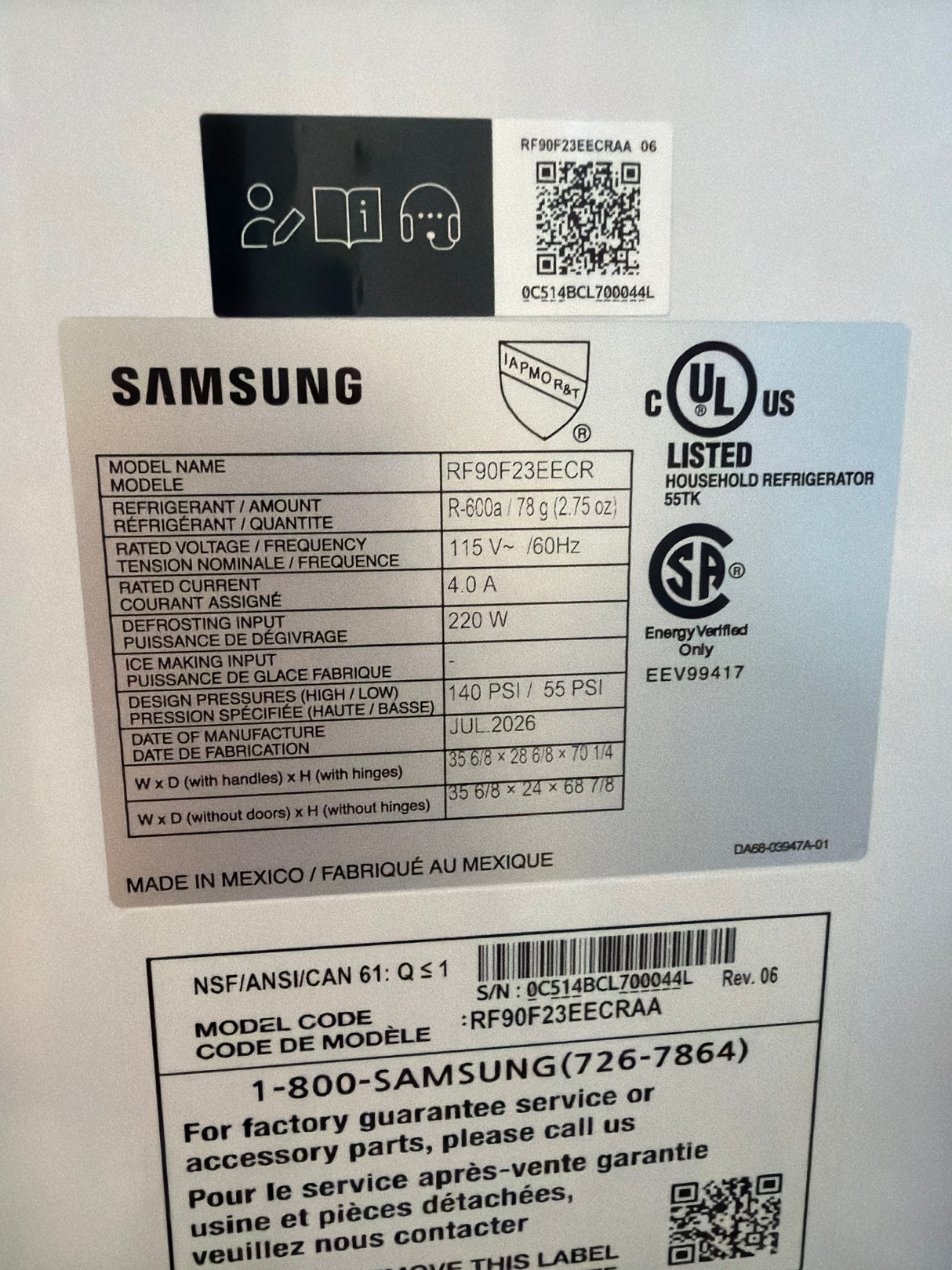 T11ID30 Samsung 22.5 cu ft 4-Door French Door Refrigerator with AI Family Hub+ RF90F23EECRAA –