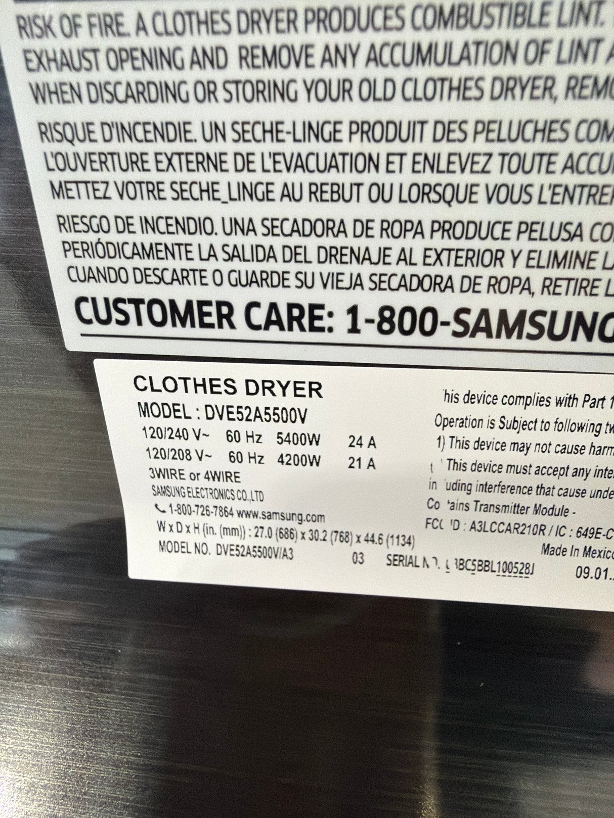 T8ID12 - Samsung DVE52A5500V/A3 Smart Electric Dryer
