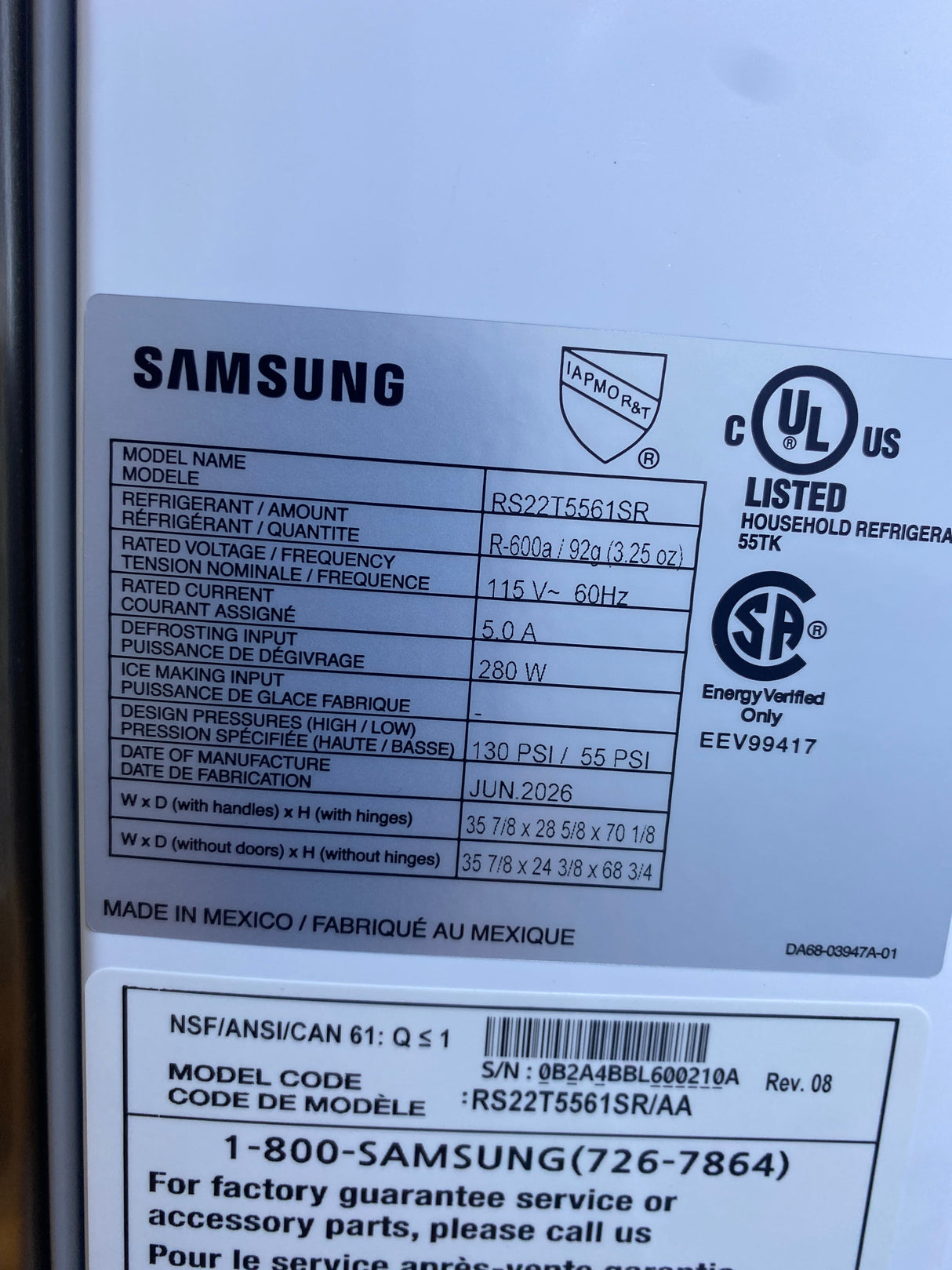 T12ID05 - Samsung RS22T5561SR/AA 21.5 cu. ft. Side-by-Side Refrigerator