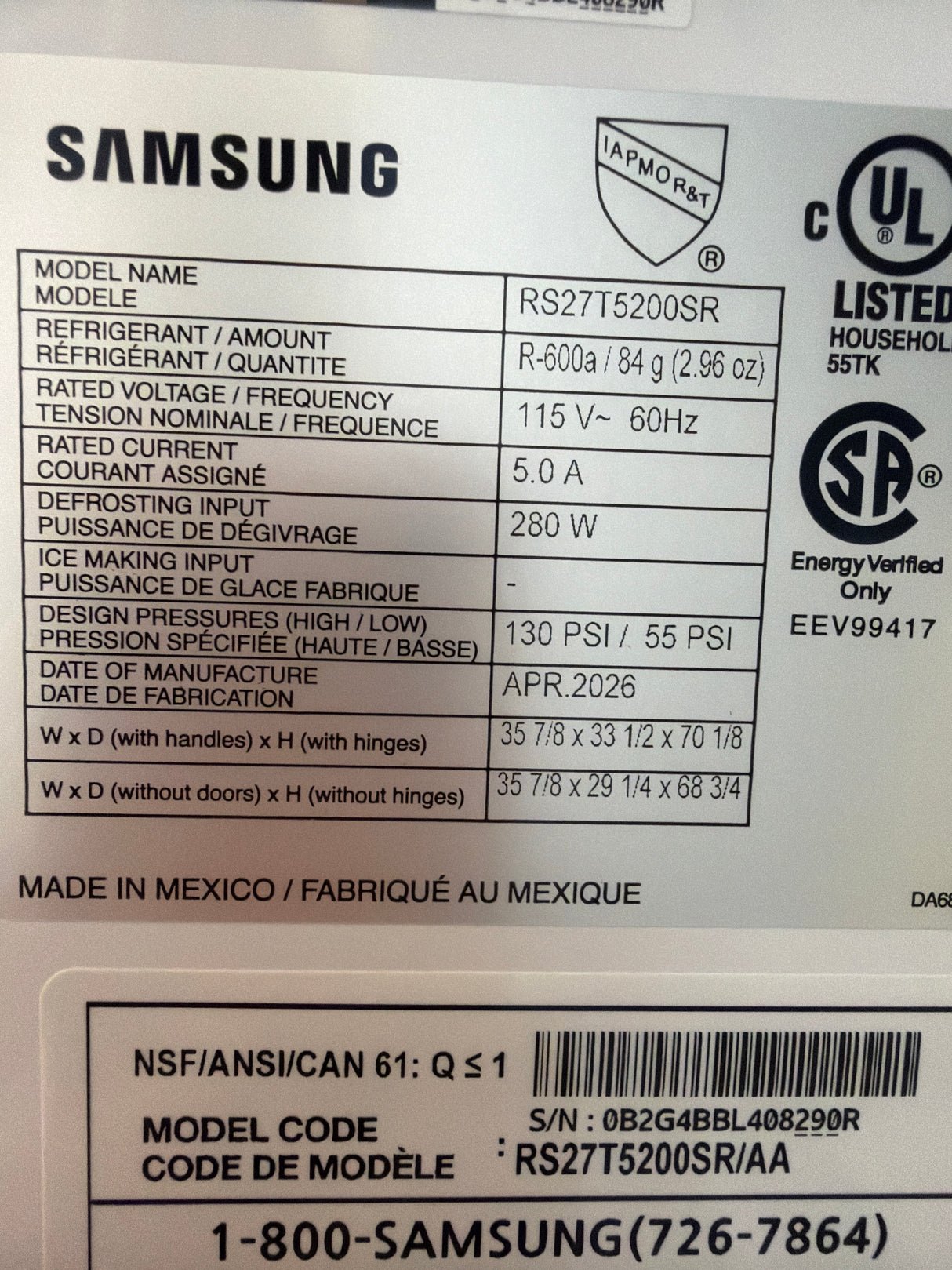 T8ID32 - Samsung RS27T5200SR/AA Side-by-Side Refrigerator