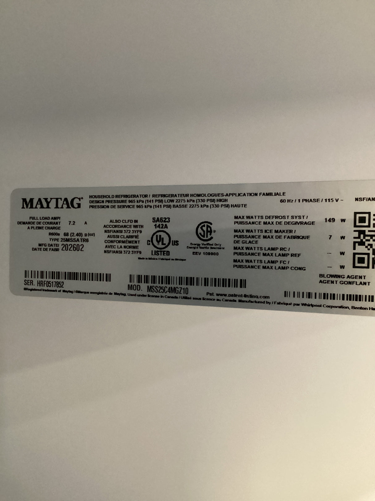 T7ID20 Maytag MSS25C4MGZ Refrigerator Side-by-Side