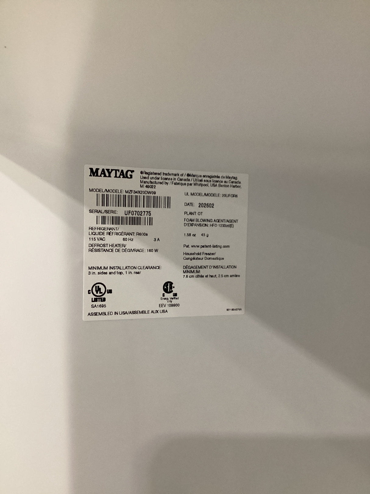 T7ID45 Maytag MZF34X20DW Freezer Upright