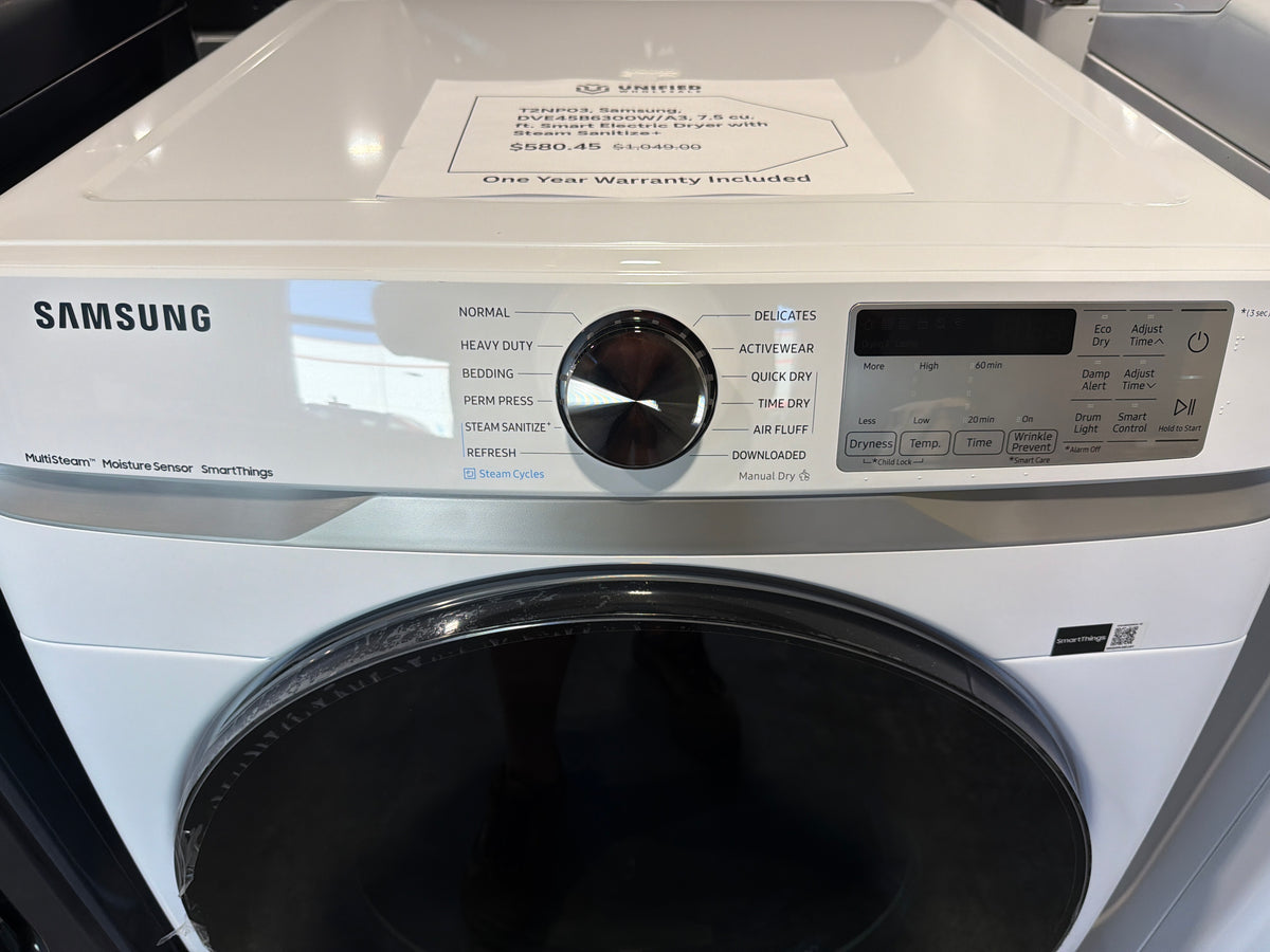 Samsung 7.5 cu ft Smart Electric Dryer with Steam Sanitize+ DVE45B6300W/A3 – T2NP03