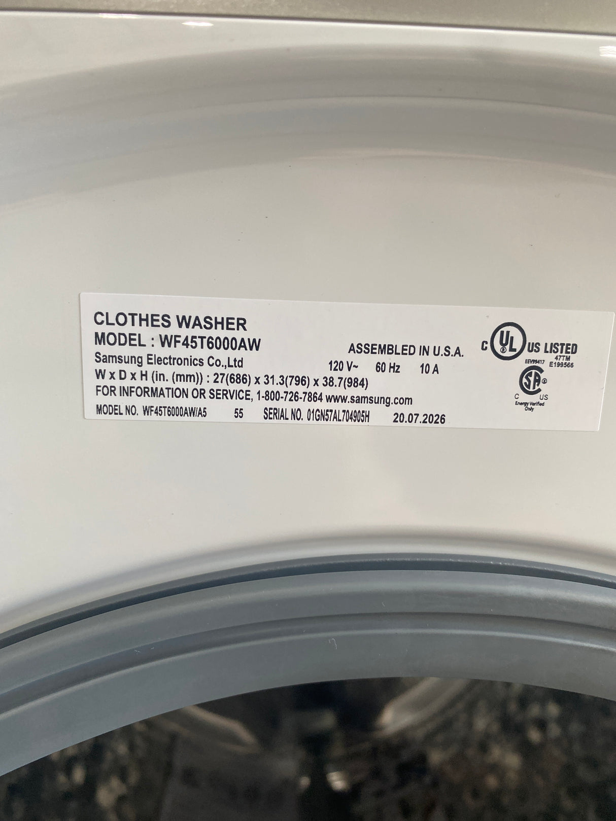 T11ID45 Samsung 4.5 cu ft Front Load Washer WF45T6000AW –