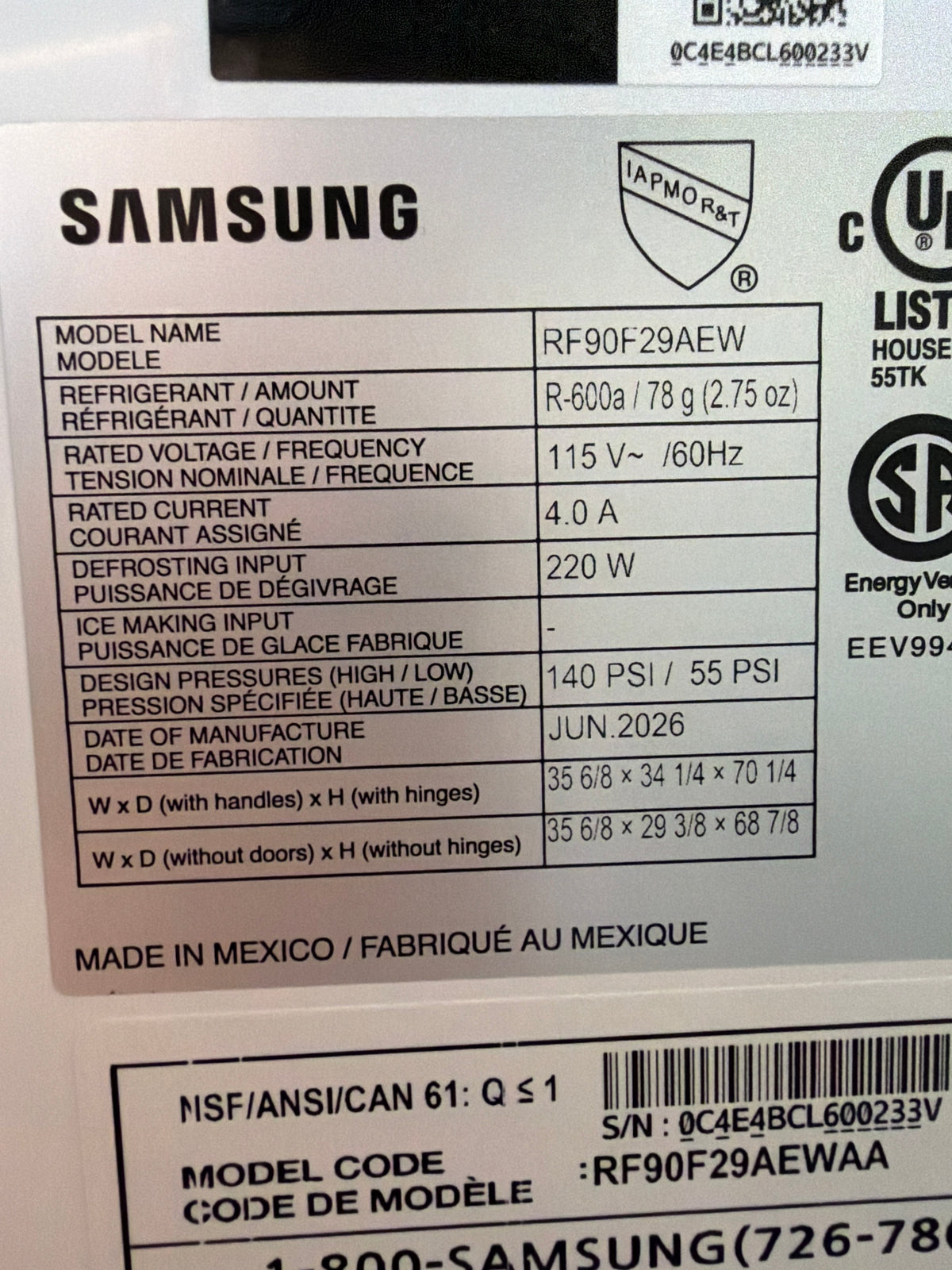 Samsung 29 cu ft French Door Refrigerator RF90F29AEWAA – T2NP33