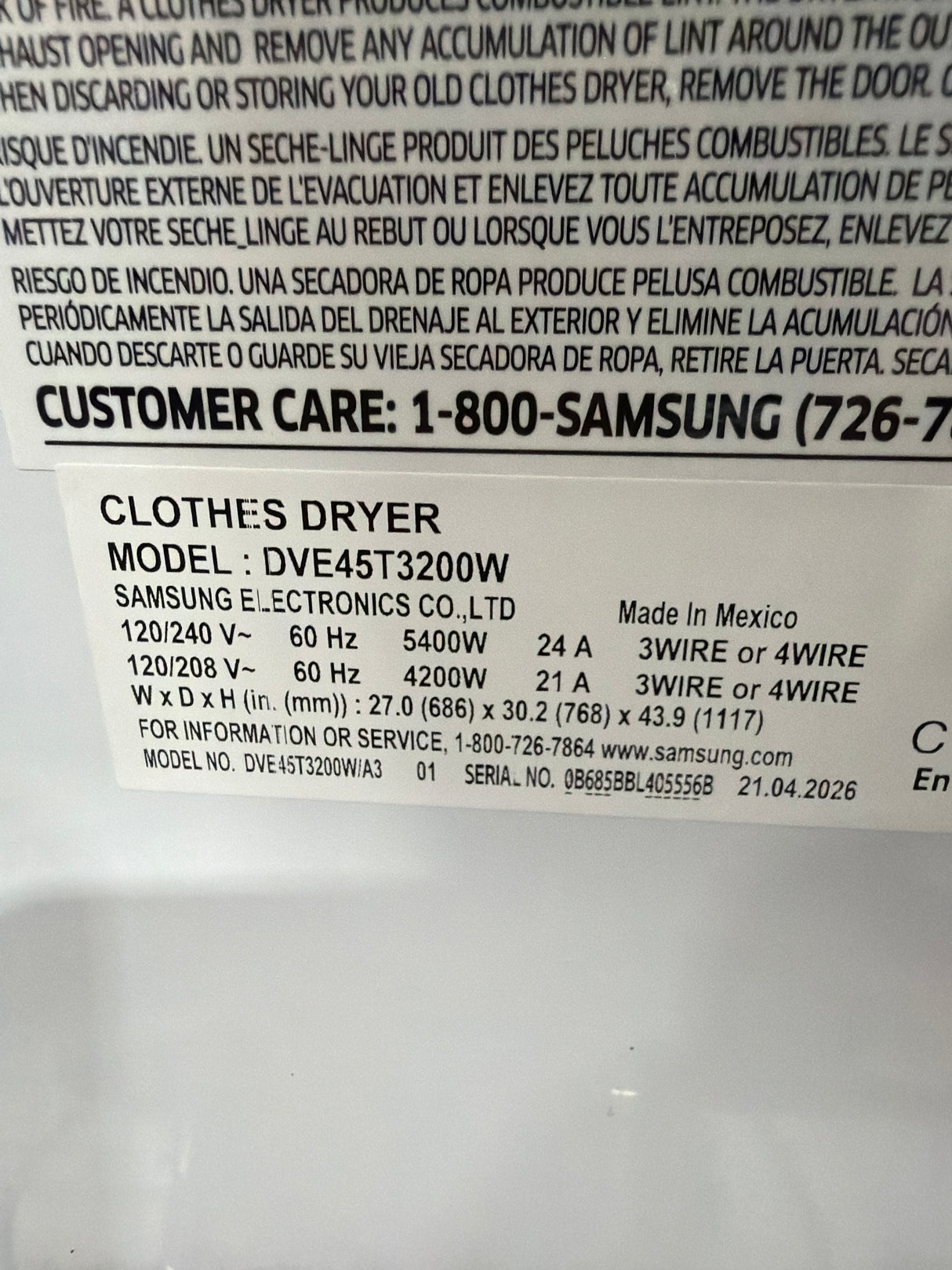 T8ID04 - Samsung DVE45T3200W/A3 Electric Dryer