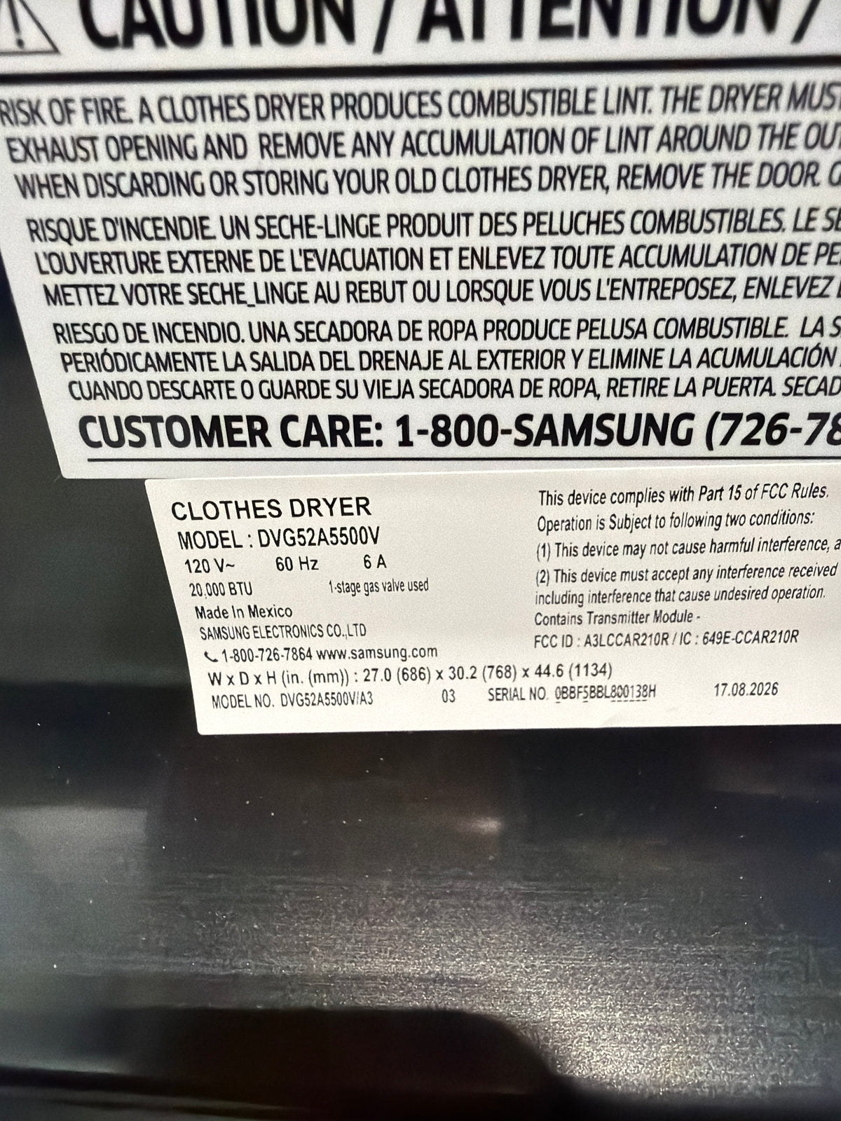 Samsung 7.4 cu ft Smart Gas Dryer DVG52A5500V/A3 – T2NP12
