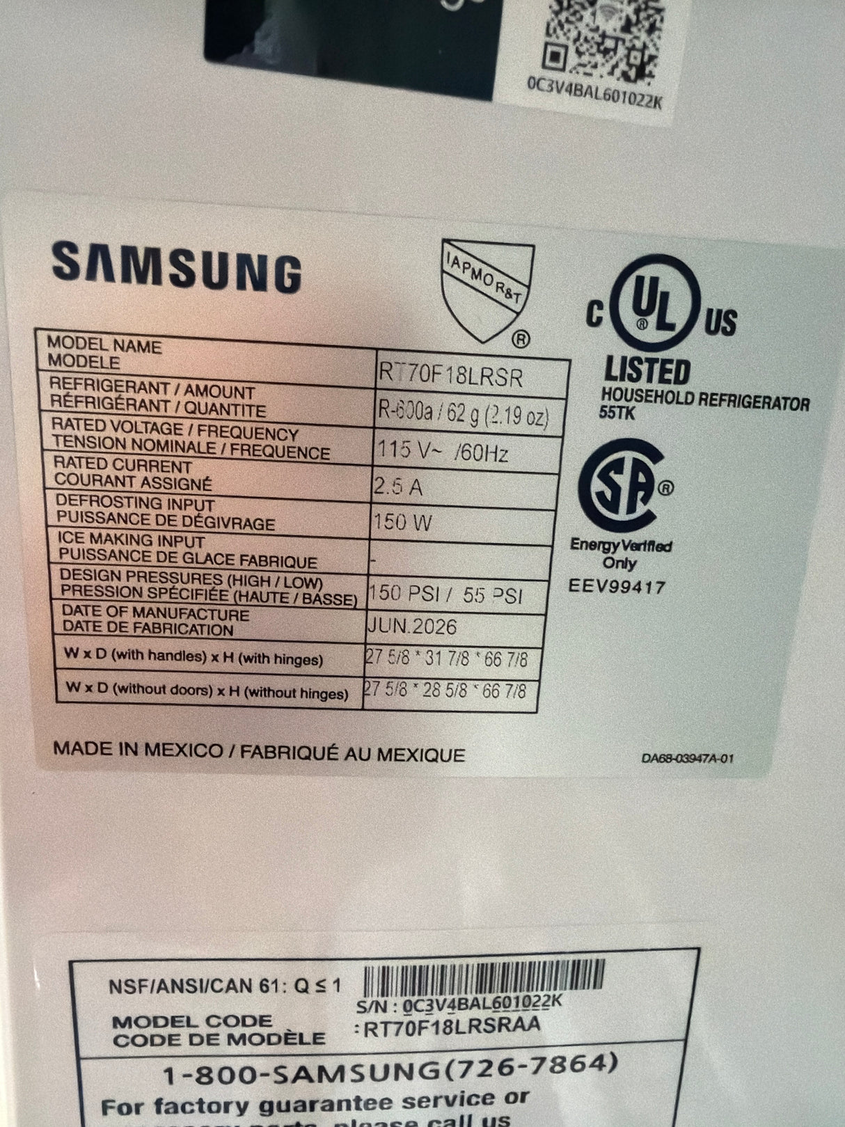 T12ID12 - Samsung RT70F18LRSRAA 17.5 cu. ft. Garage Ready Top Freezer Refrigerator