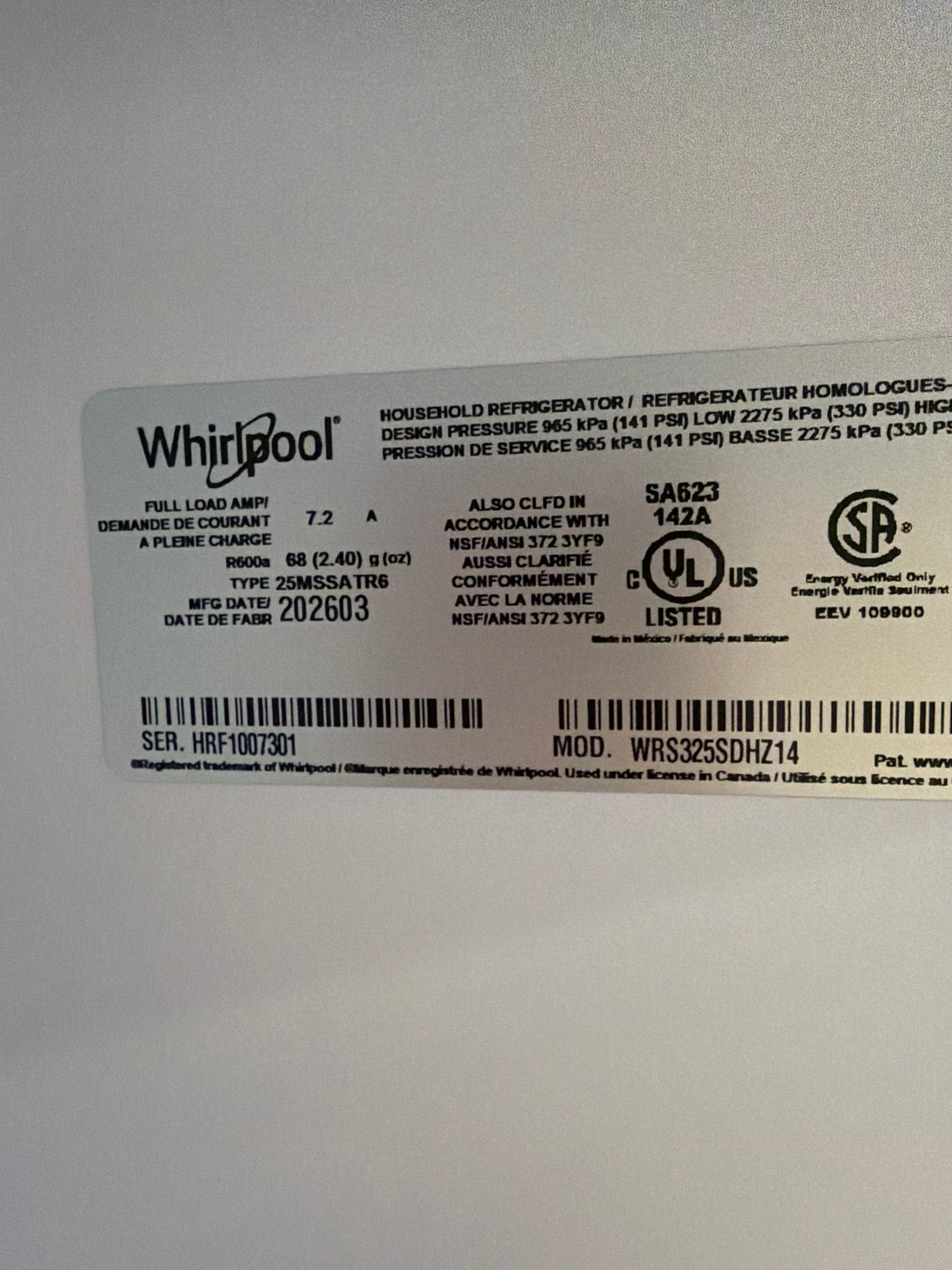 T10ID39 – WRS325SDHZ Side-by-Side Refrigerator – Whirlpool