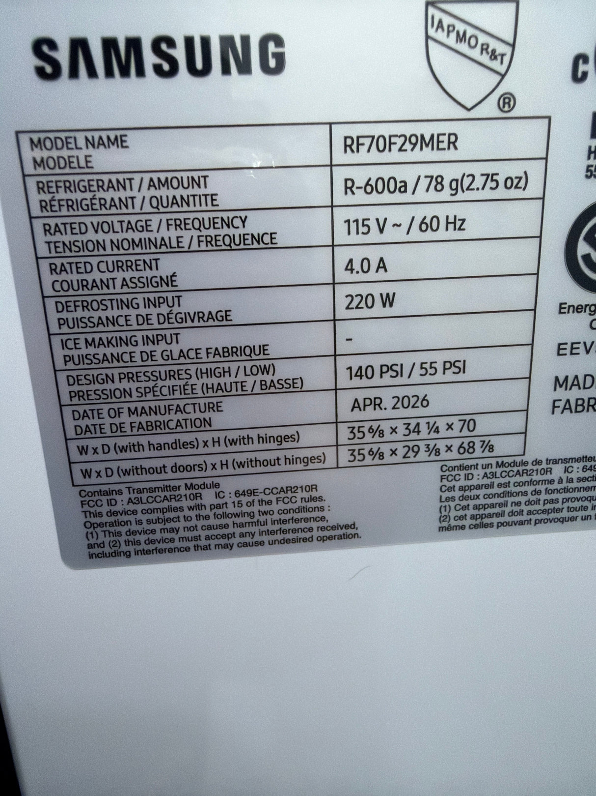 T8ID26 - Samsung RF70F29MERAA Counter Depth French Door Refrigerator