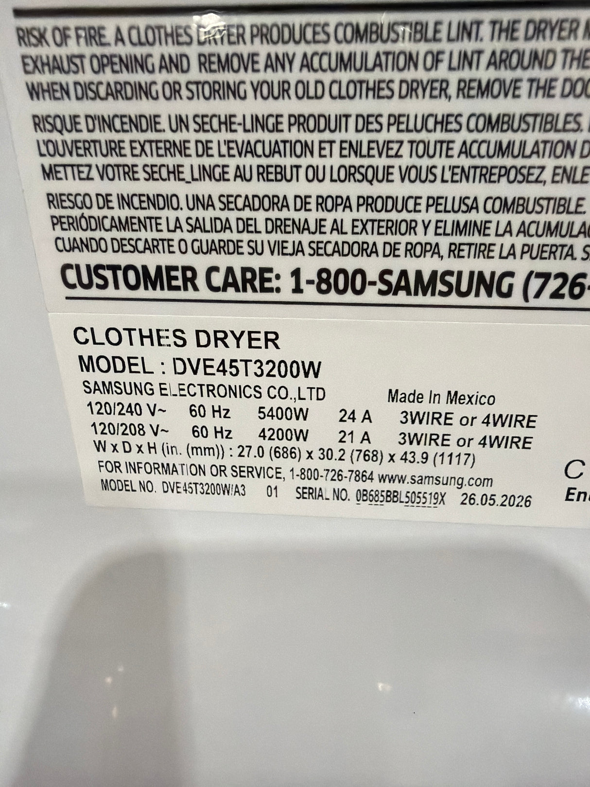 T8ID06 - Samsung DVE45T3200W/A3 Electric Dryer