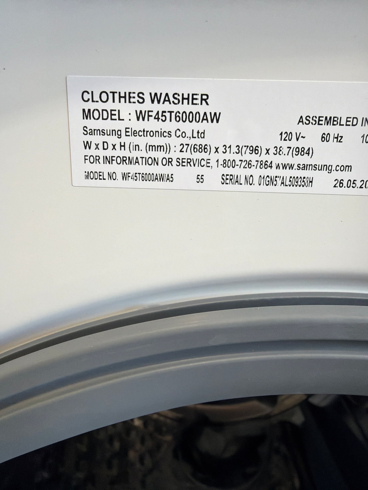 T8ID46 - Samsung WF45T6000AW/A5 Front Load Washer