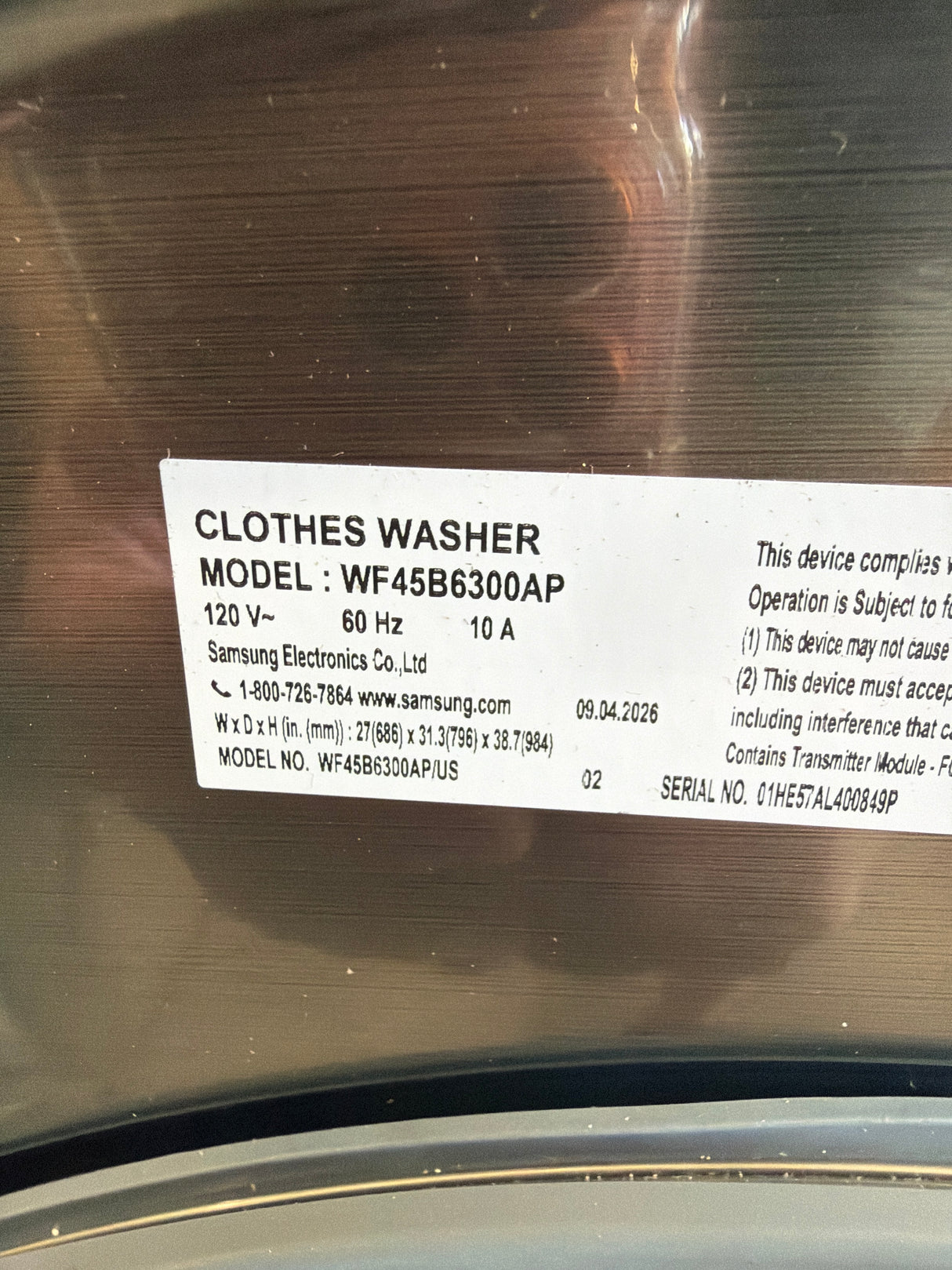 T8ID43 - Samsung WF45B6300AP/US Smart Front Load Washer