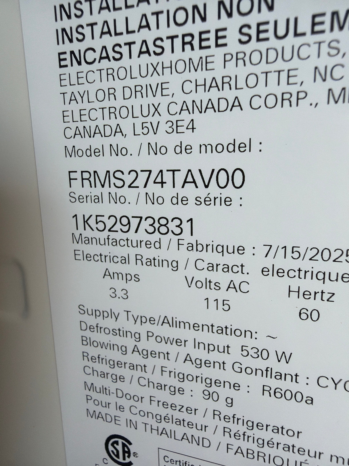 T9ID34 - Frigidaire FRMS274TAV French Door Refrigerator