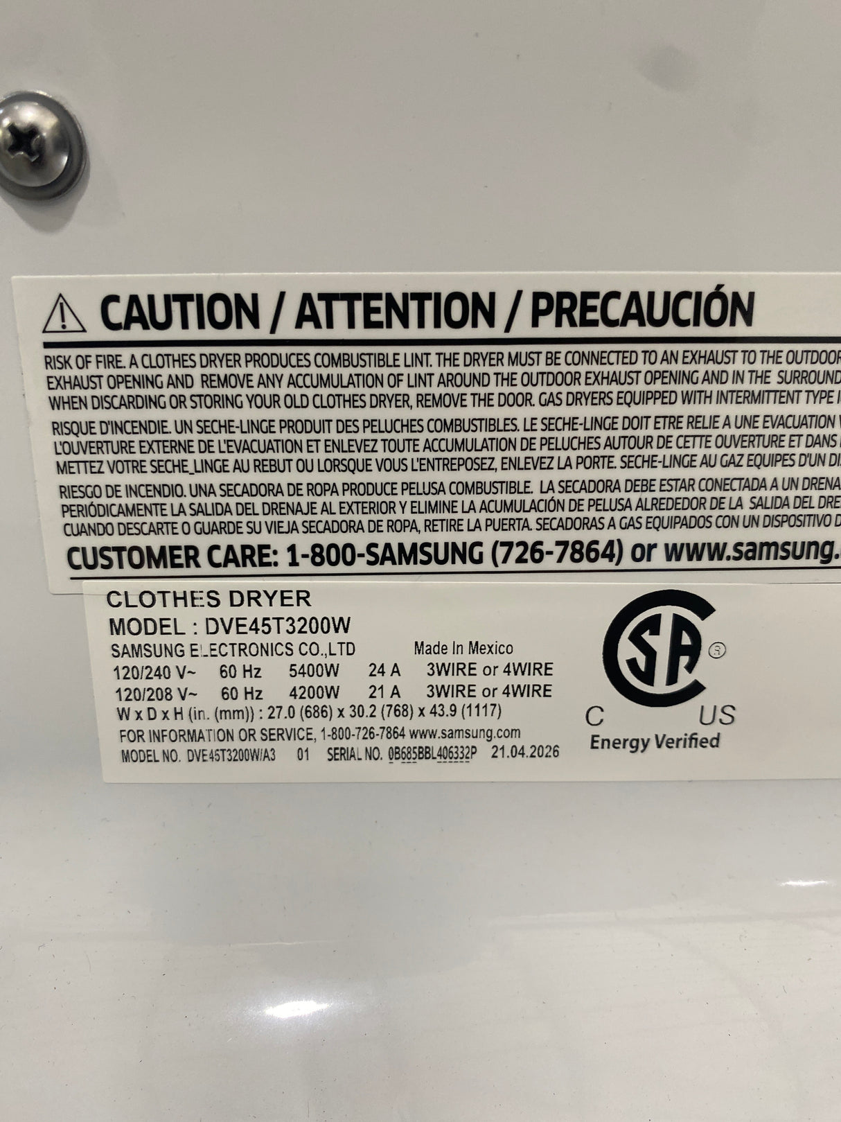 T11ID02 Samsung 7.2 cu ft Electric Dryer with Sensor Dry DVE45T3200W –