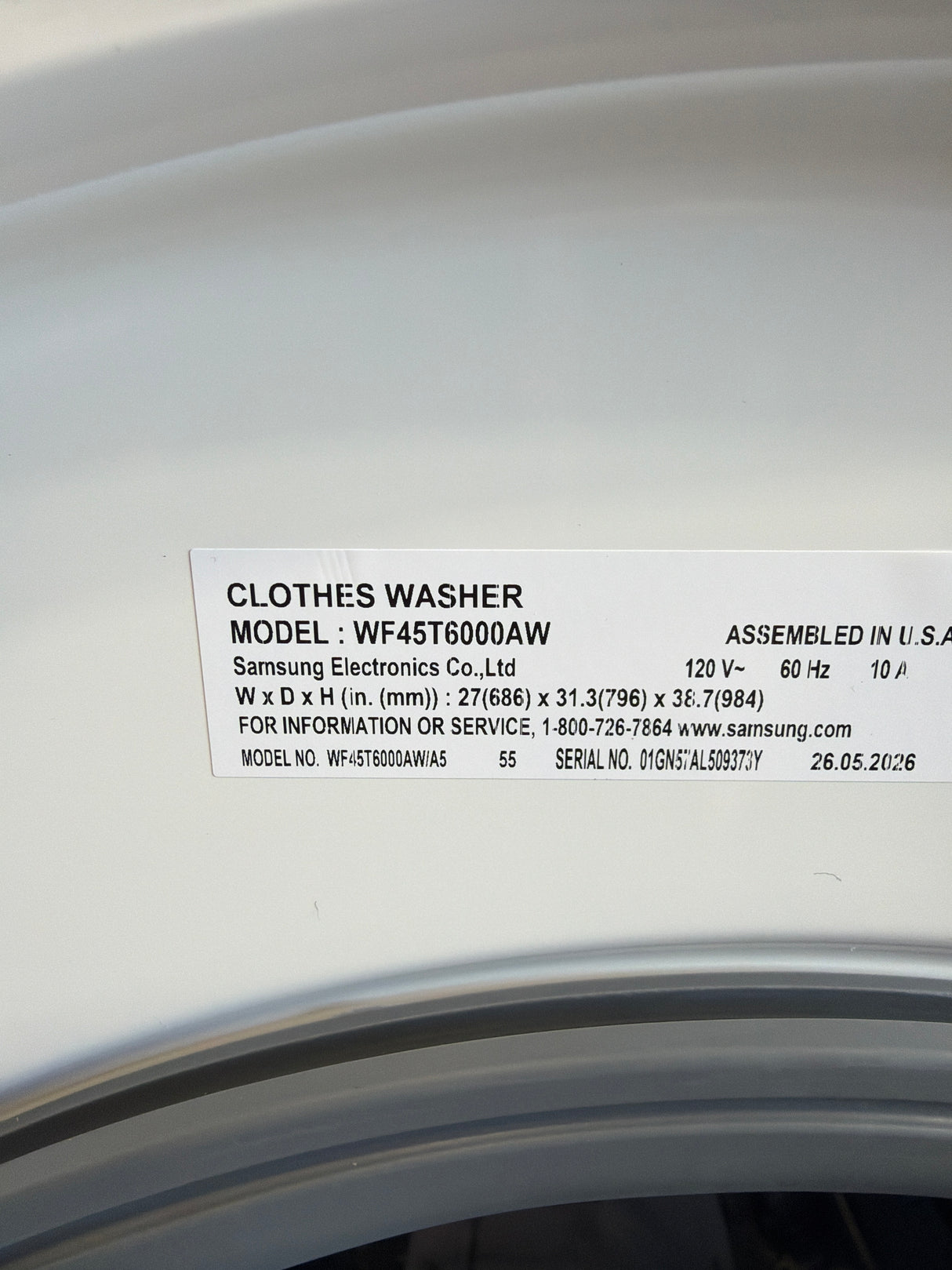 T8ID48 - Samsung WF45T6000AW/A5 Front Load Washer