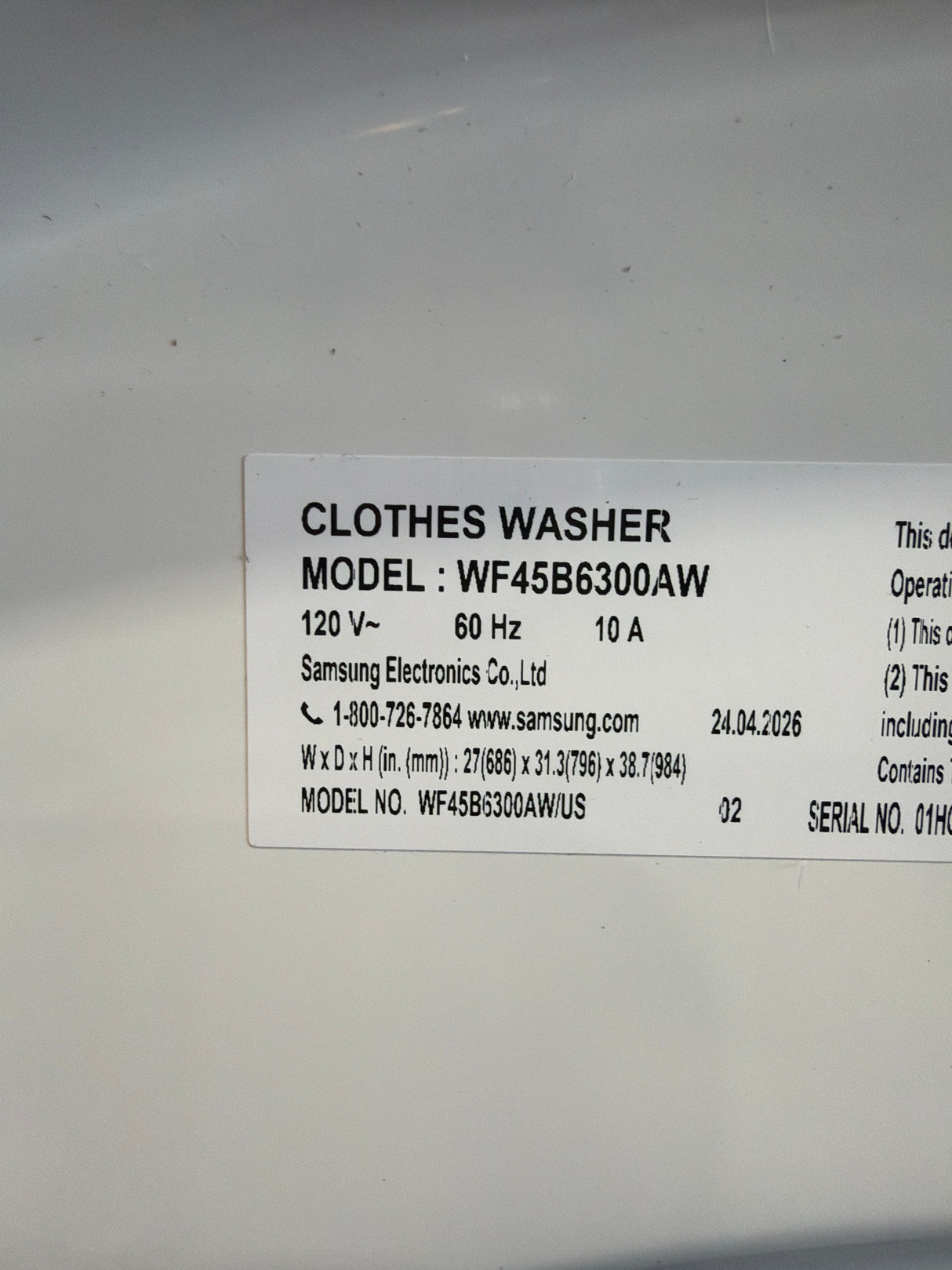 T8ID44 - Samsung WF45B6300AW/US Smart Front Load Washer