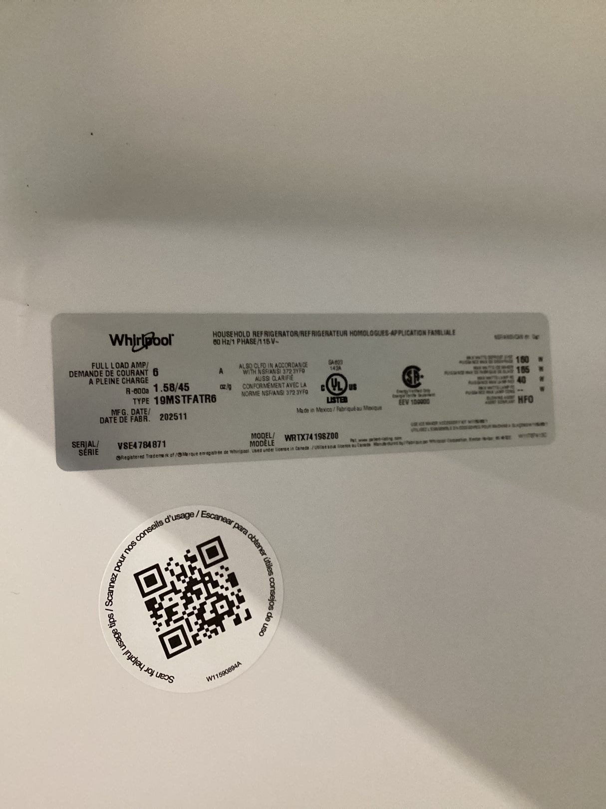 T7ID16 Whirlpool WRTX7419SZ Refrigerator Top Freezer 19 Cu. Ft.