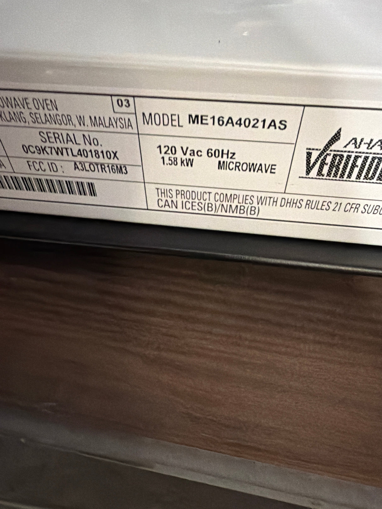 T12ID21 - Samsung ME16A4021AS/AA 1.6 cu. ft. Over-the-Range Microwave