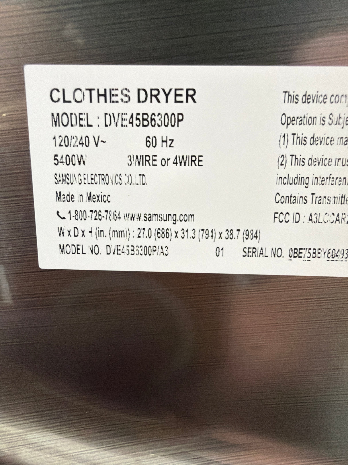 T8ID03 - Samsung DVE45B6300P/A3 Smart Electric Dryer