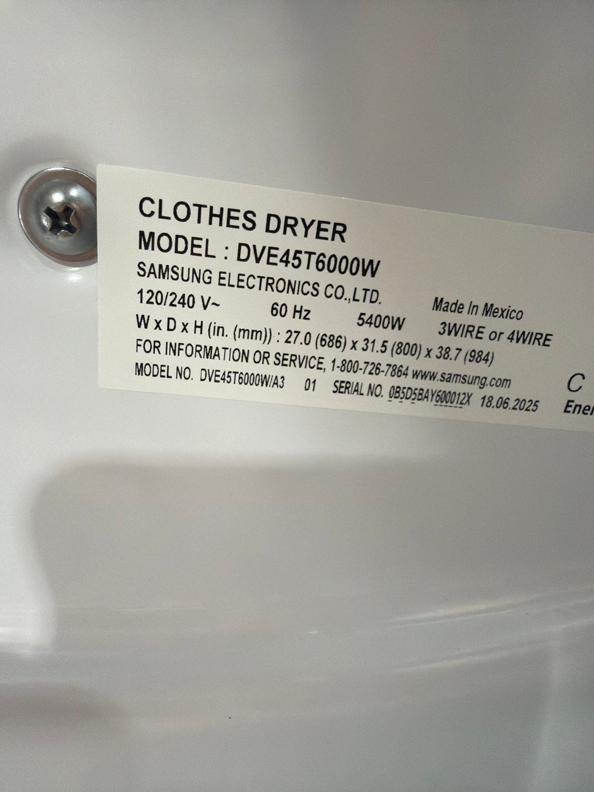 T12ID40 - Samsung DVE45T6000W/A3 7.5 cu. ft. Electric Dryer