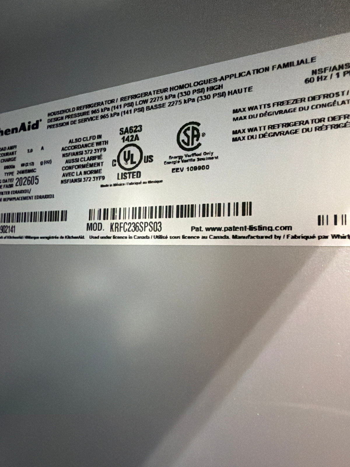 KitchenAid 24 cu ft Counter Depth French Door Refrigerator KRFC236SPS - scratch and dent, Nampa ID (photo 7)