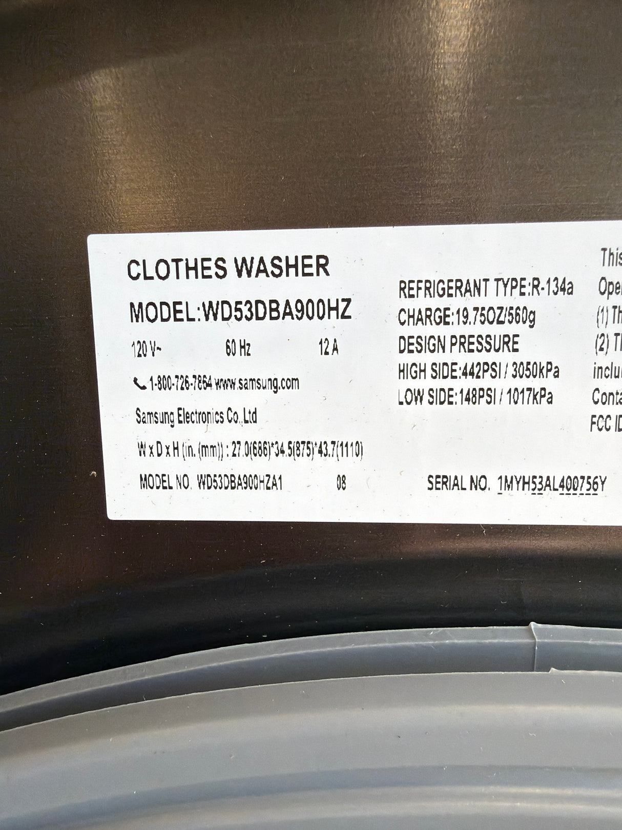 T8ID39 - Samsung WD53DBA900HZA1 All-in-One Washer Dryer Combo