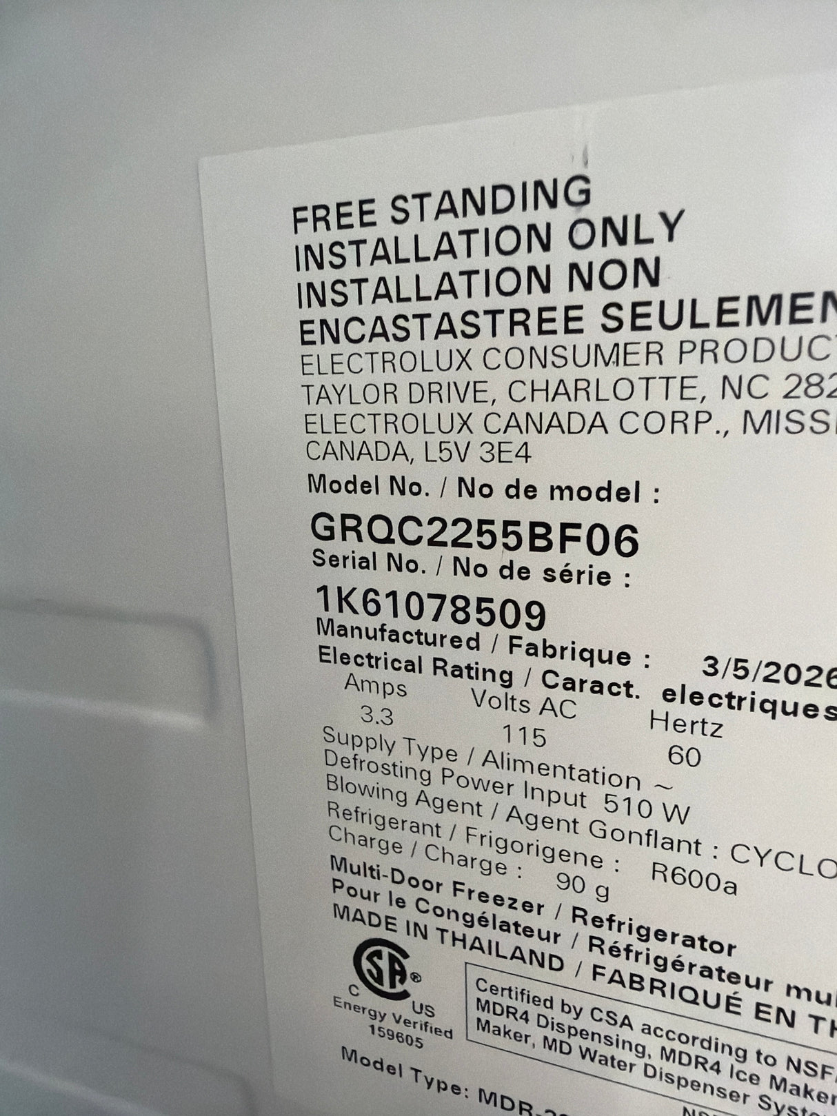T9ID52 - Frigidaire GRQC2255BF 4-Door Refrigerator