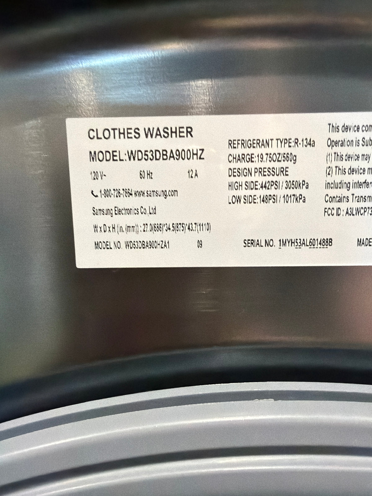 Samsung 5.3 cu ft Bespoke AI Ventless All-in-One Washer & Dryer WD53DBA900HZA1 – T2NP34