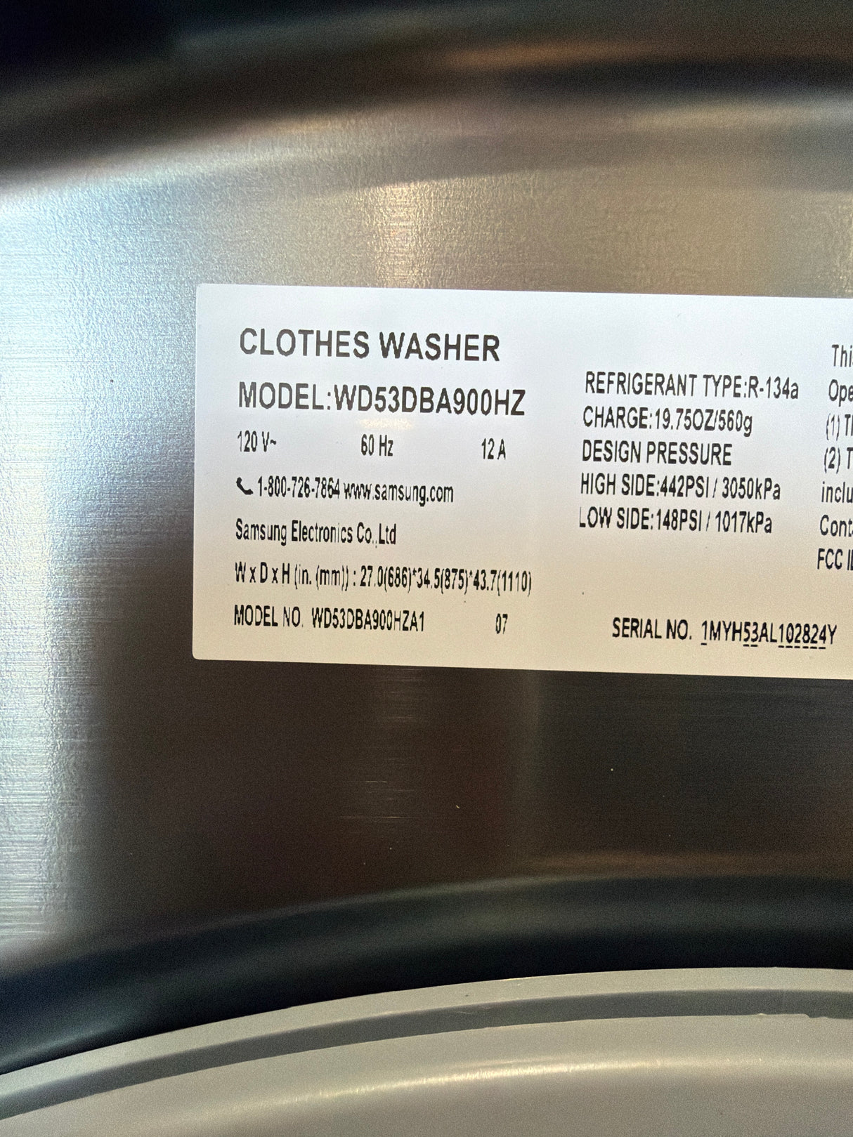 T8ID40 - Samsung WD53DBA900HZA1 All-in-One Washer Dryer Combo