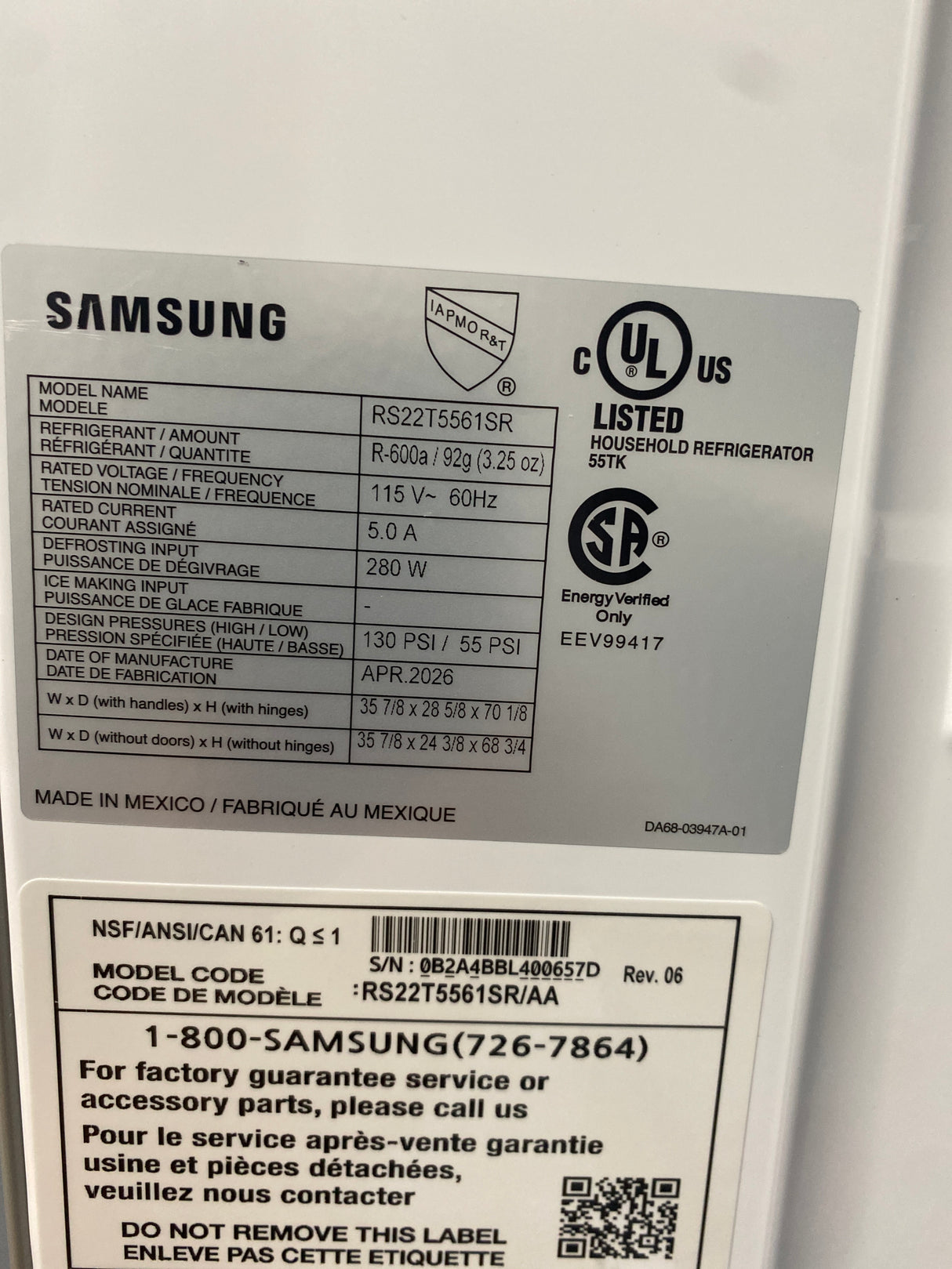 T12ID06 - Samsung RS22T5561SR/AA 21.5 cu. ft. Side-by-Side Refrigerator