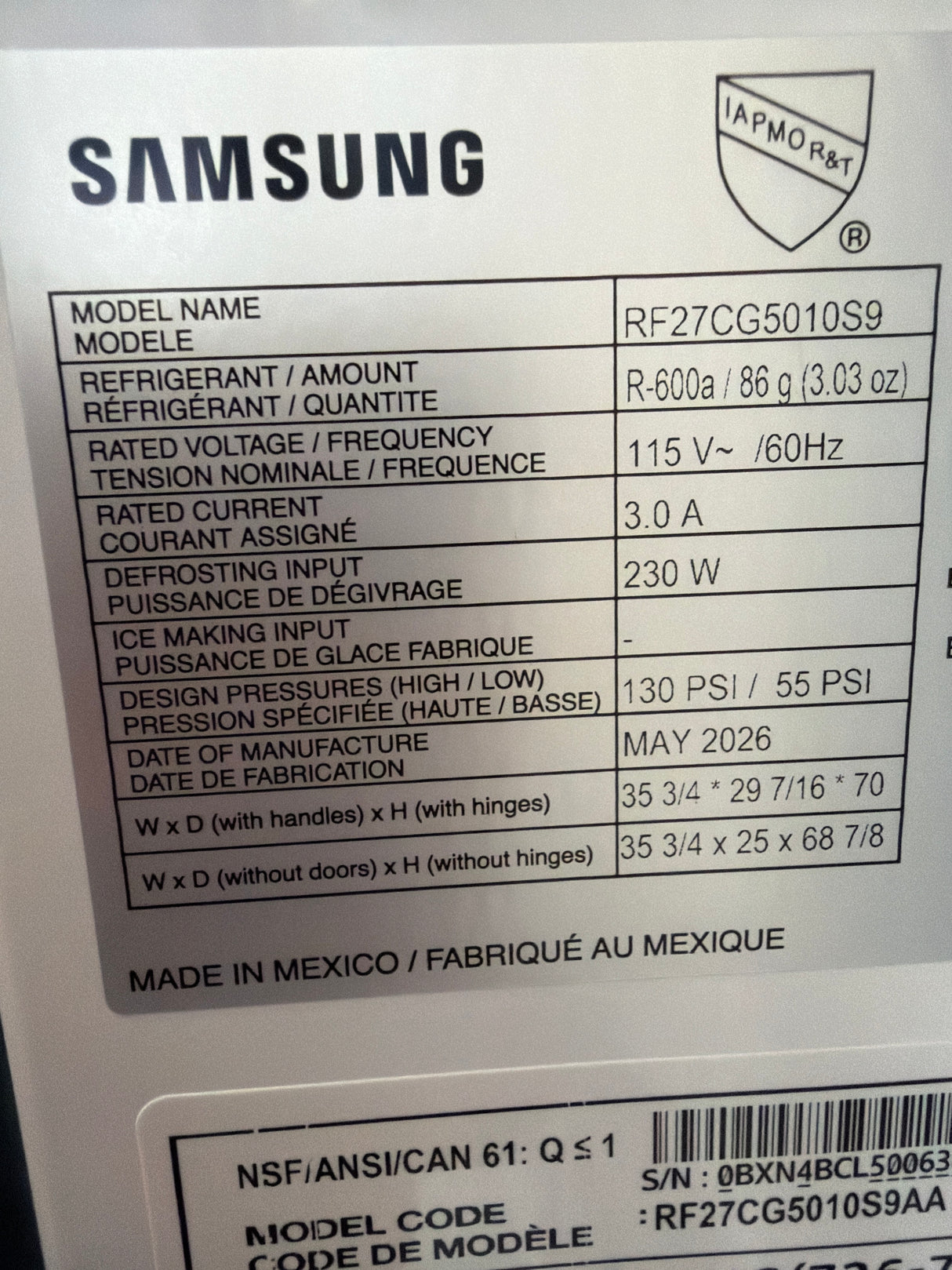 T8ID19 - Samsung RF27CG5010S9/AA French Door Refrigerator