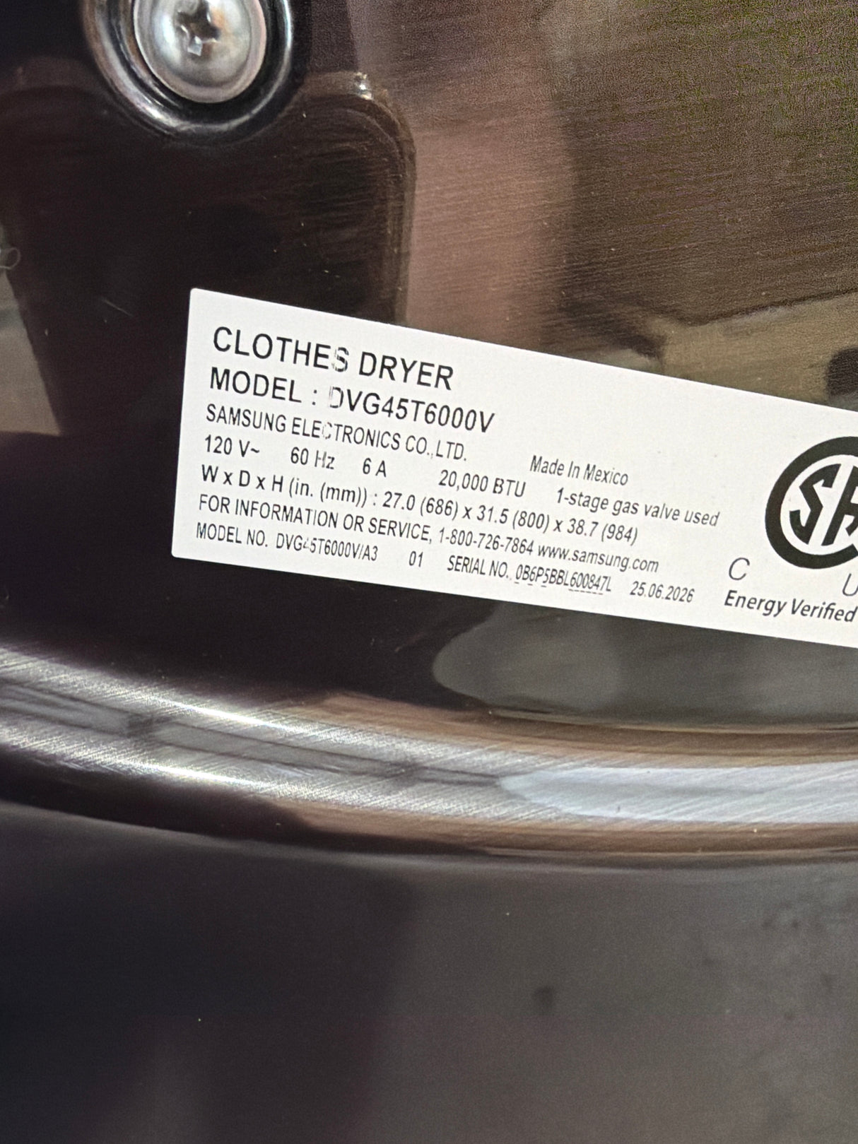 T12ID36 - Samsung DVG45T6000V/A3 7.5 cu. ft. Gas Dryer