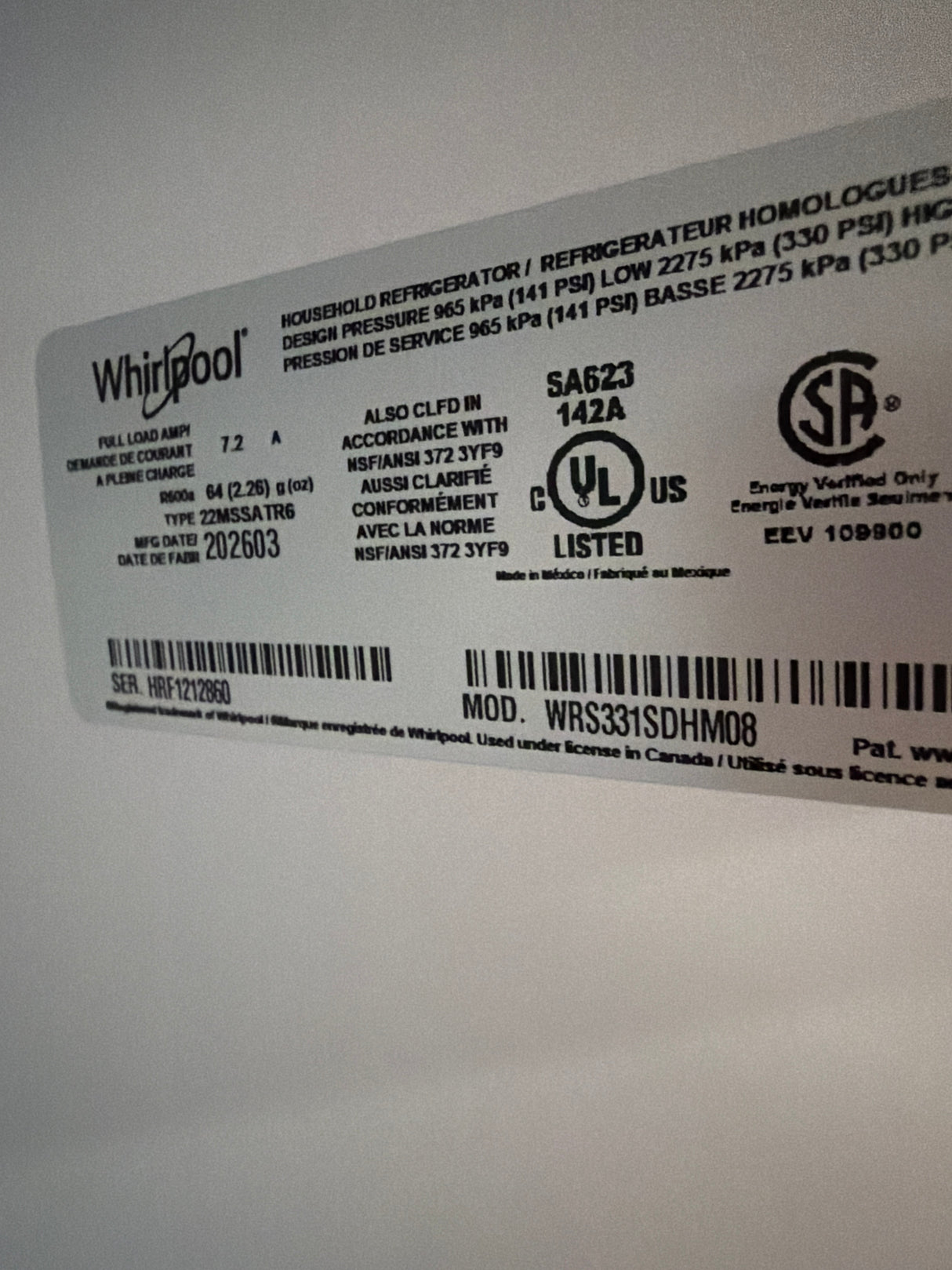 T10ID38 – WRS331SDHM Side-by-Side Refrigerator – Whirlpool