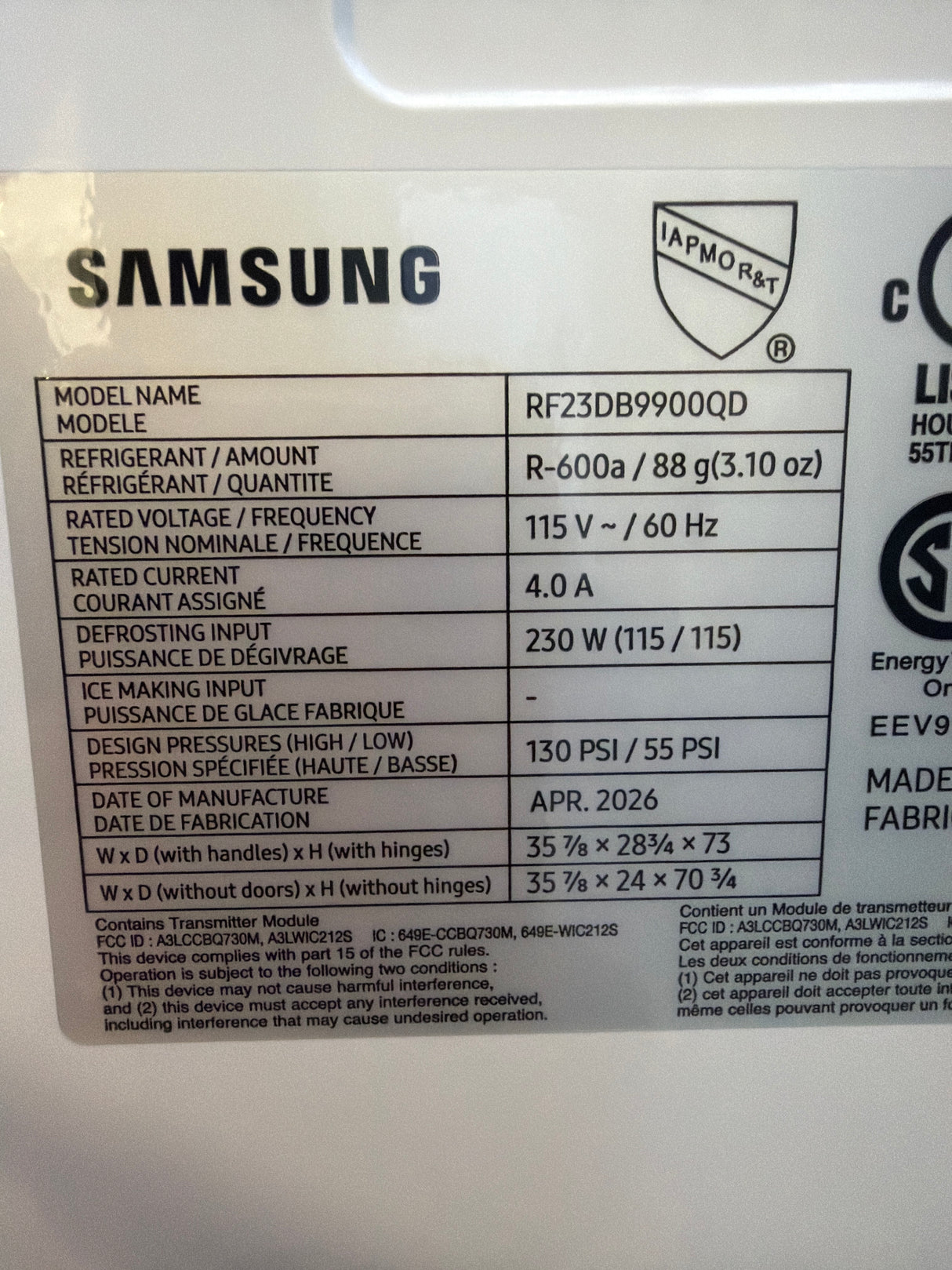 T8ID18 - Samsung RF23DB9900QD/AA Bespoke 4-Door Flex Refrigerator