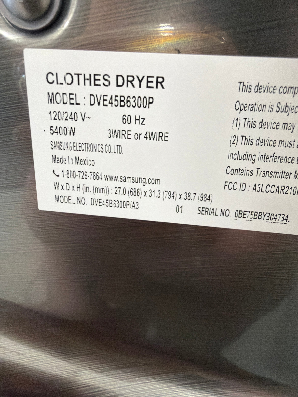 T8ID02 - Samsung DVE45B6300P/A3 Smart Electric Dryer