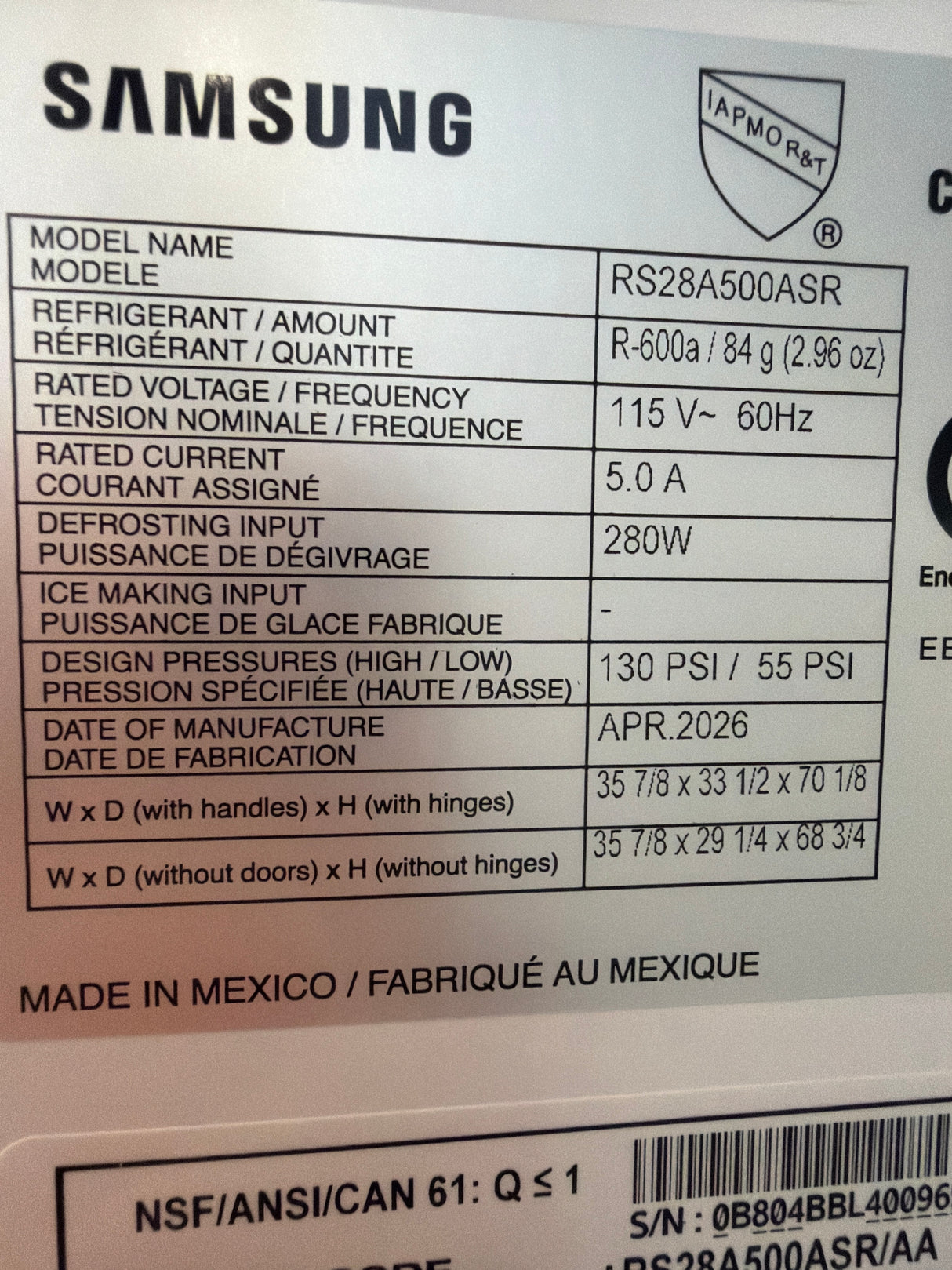 T8ID33 - Samsung RS28A500ASR/AA Side-by-Side Refrigerator