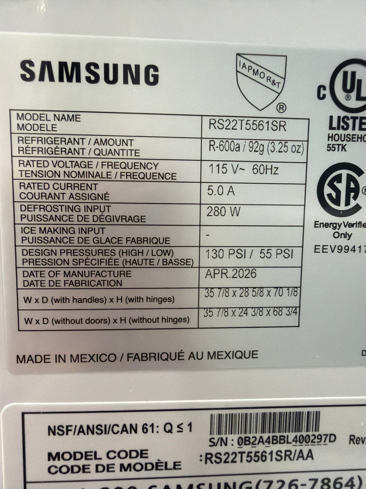 T12ID03 - Samsung RS22T5561SR/AA 21.5 cu. ft. Side-by-Side Refrigerator