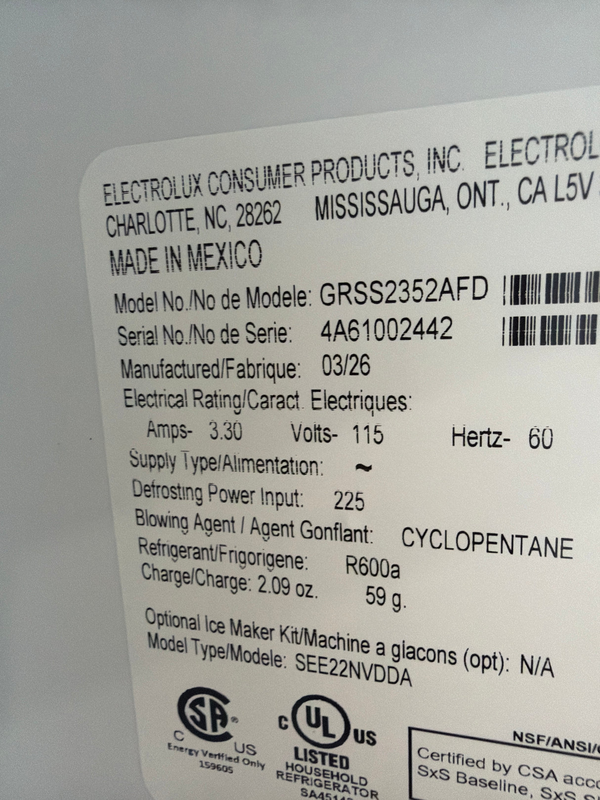 T9ID55 - Frigidaire GRSS2352AF Side-by-Side Refrigerator