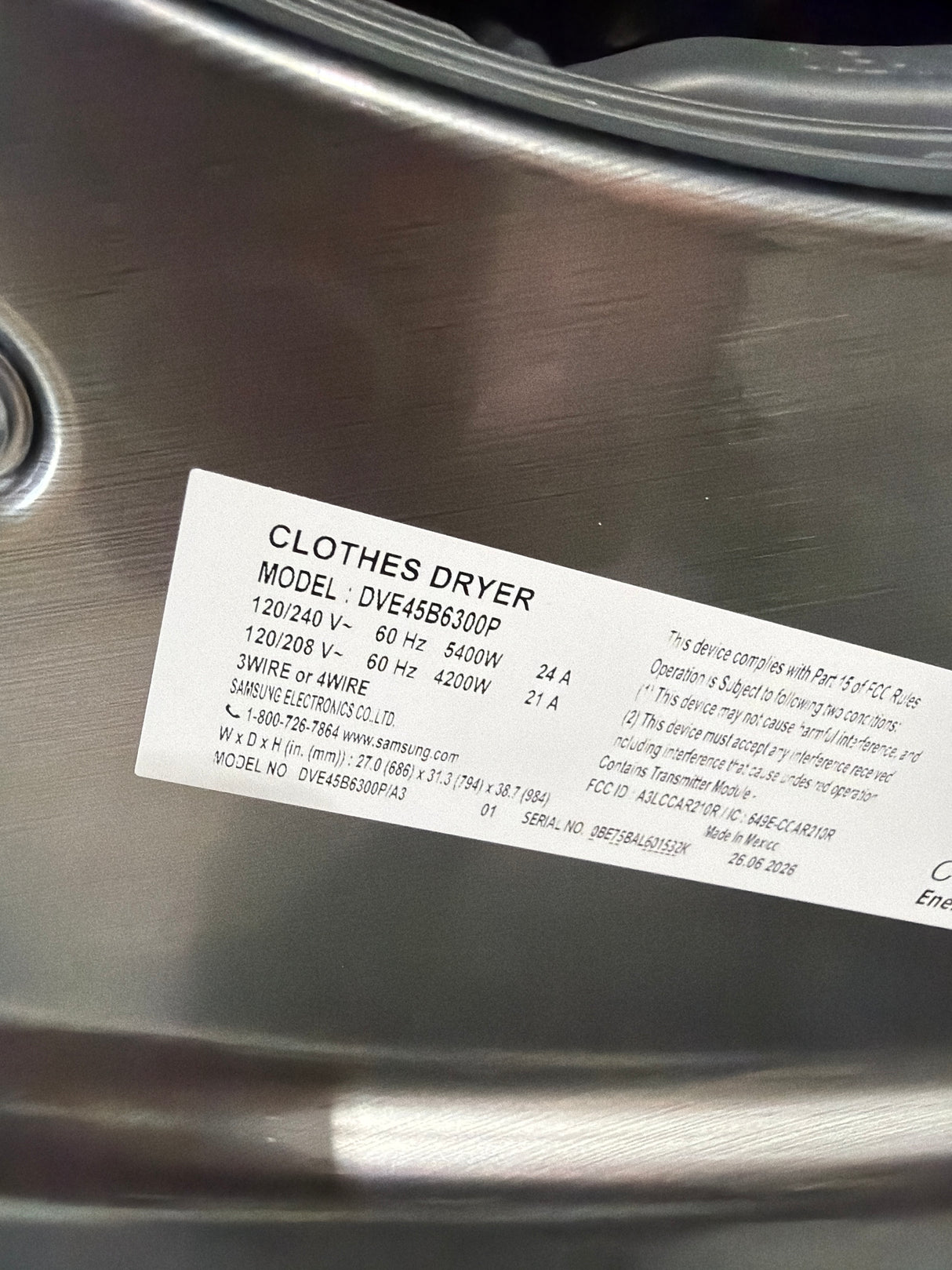 T12ID43 - Samsung DVE45B6300P/A3 7.4 cu. ft. Electric Dryer