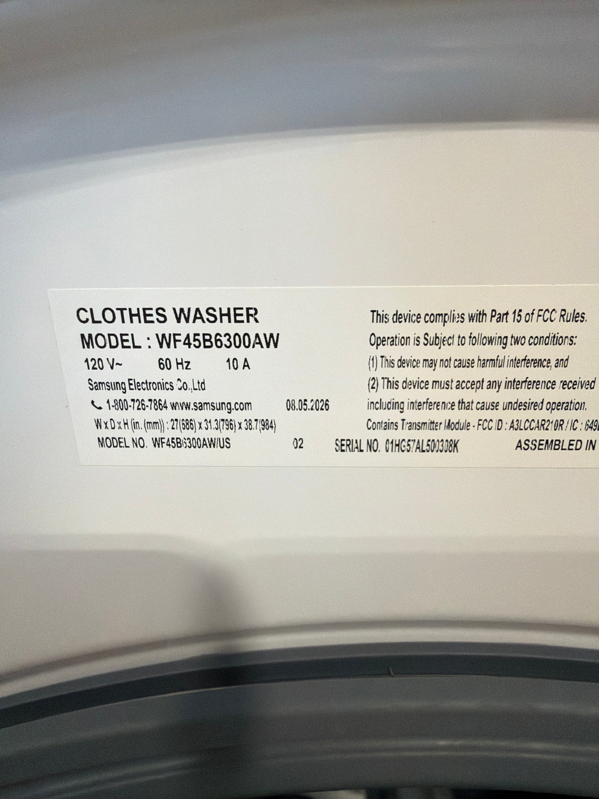 Samsung 4.5 cu ft Smart Front Load Washer WF45B6300AW/US – T2NP35