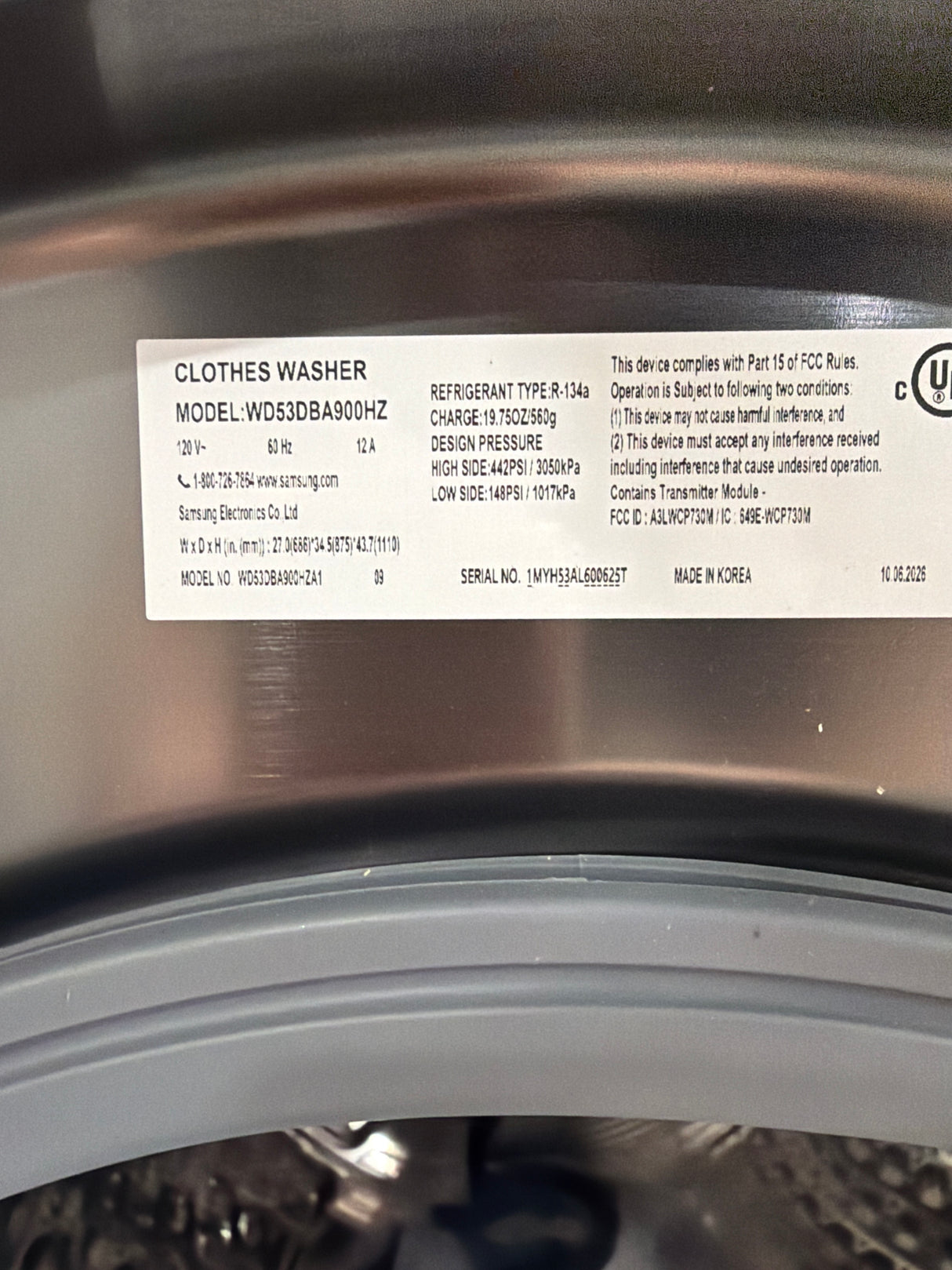 T12ID44 - Samsung WD53DBA900HZA1 5.3 cu. ft. All-in-One Washer & Dryer