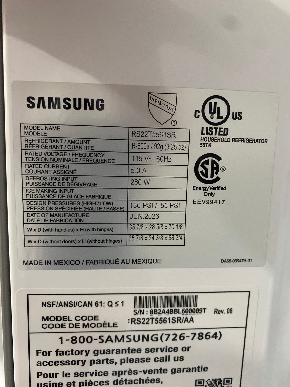 T12ID02 - Samsung RS22T5561SR/AA 21.5 cu. ft. Side-by-Side Refrigerator