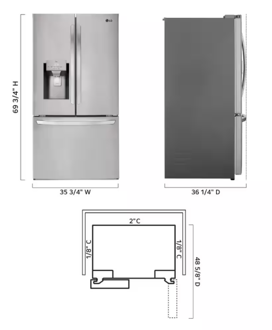 LHFS28XBS LG Stainless Steel Standard Depth 3 Door French Door Refrigerator with Craft Ice and Water Dispenser T1ID23