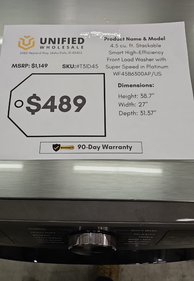 WF45B6300AP/US SAMSUNG 4.5 cu. ft. Stackable Smart High-Efficiency Front Load Washer with Super Speed in Platinum T3ID45
